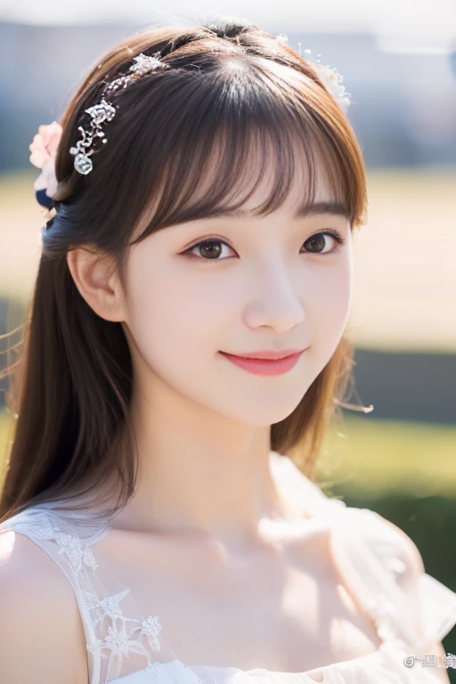 (((masterpiece))), (One beautiful Japan girl, classmates, Pure Innocence,Innocence,kawaii) ,超A high resolution, Realistic, ultra-detailliert, 8K,top-quality, Extremely detailed, Detailed background,A slender,(a ,kawaii系,adorable 14 year oerfect body:1.1),Super Detailed Face、Detailed lips、A detailed eye、Photorealistic:1.37,no-makeup,small gravure idol,Transparent skin、Portrait Mode, and a large depth of field, 45 Degree View, Royal sister, Gentle, ((Best Quality, 8K, masutepiece: 1.3)), Focus: 1.2, Stand sideways, (Chest close-up: 1.3), ((Delicate long hair)), Highly detailed facial and skin texture, Detailed eyes, Double eyelids, long eyelashes, (Snow White skin), Whitening skin, Smile, soft chiffon transparent dress, Long skirt, mercury dress, Elegant dress, Wearing elegant slutty dress, soft elegance, chiffon