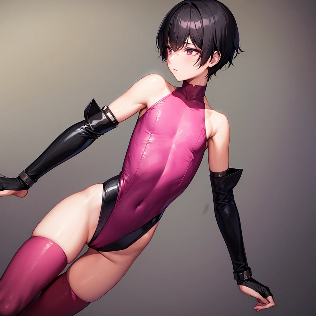 Boy, male, short black hair, flat chest, feminine, shota, pink stockings, bulge, sleeveless leotard, long gloves.
