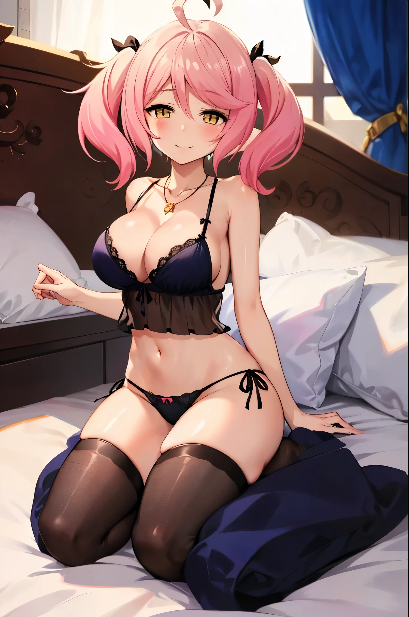 1girl, PhiluffyAingram, solo, breasts, looking_at_viewer, blush, smile, bangs, large_breasts, bow, ribbon, navel, cleavage, hair_between_eyes, bare_shoulders, twintails, jewelry, sitting, closed_mouth, underwear, collarbone, panties, yellow_eyes, pink_hair, ahoge, heart, barefoot, indoors, necklace, character_name, see-through, shiny_skin, pillow, black_panties, black_ribbon, bed, on_bed, wariza, lingerie, strap_slip, pendant, heart_ahoge, heart_necklace, negligee