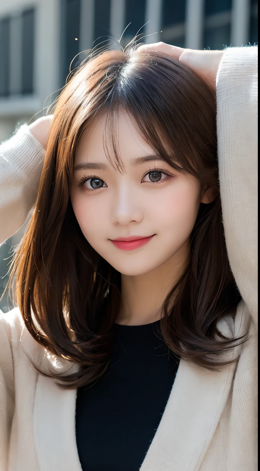 masutepiece, Best Quality, Illustration, Ultra-detailed, finely detail, hight resolution, 8K Wallpaper, Perfect dynamic composition, Beautiful detailed eyes, Elegant winter clothes,Medium Hair,Small breasts natural color lip, Bold sexy poses,Smile、20 years girl、Cute、Sexy shot looking at camera,natta,beautifull detailed face,Classy face,Perfect and beautiful face,Slim face and body,Spread your arms wide、Background blur