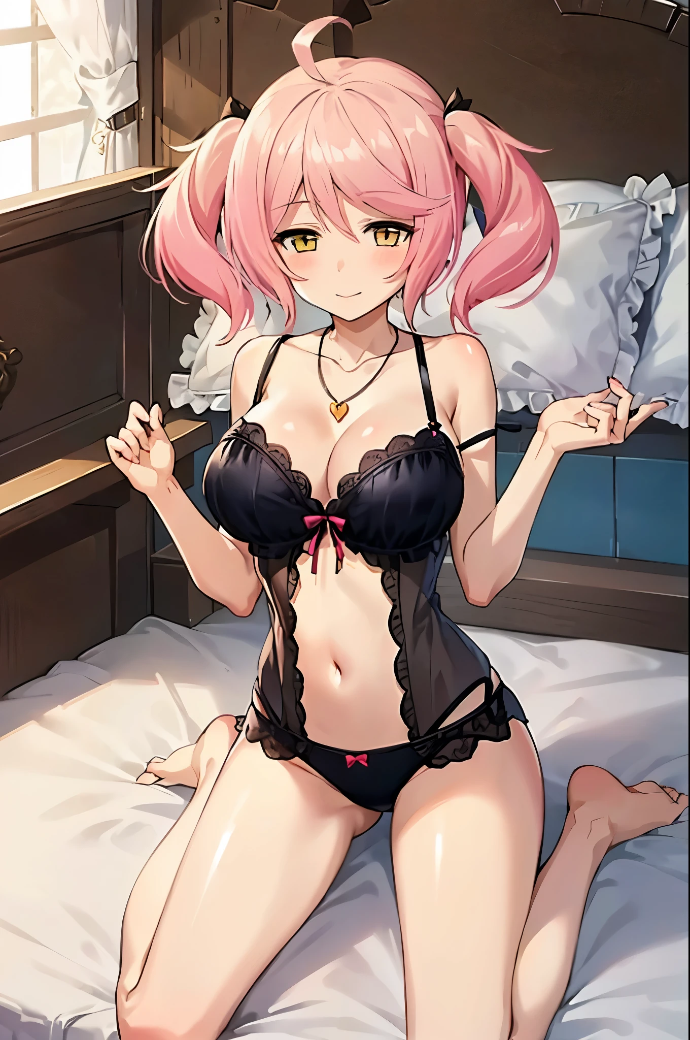 1girl, PhiluffyAingram, solo, breasts, looking_at_viewer, blush, smile, bangs, large_breasts, bow, ribbon, navel, cleavage, hair_between_eyes, bare_shoulders, twintails, jewelry, sitting, closed_mouth, underwear, collarbone, panties, yellow_eyes, pink_hair, ahoge, heart, barefoot, indoors, necklace, character_name, see-through, shiny_skin, pillow, black_panties, black_ribbon, bed, on_bed, wariza, lingerie, strap_slip, pendant,  heart_ahoge, heart_necklace, negligee