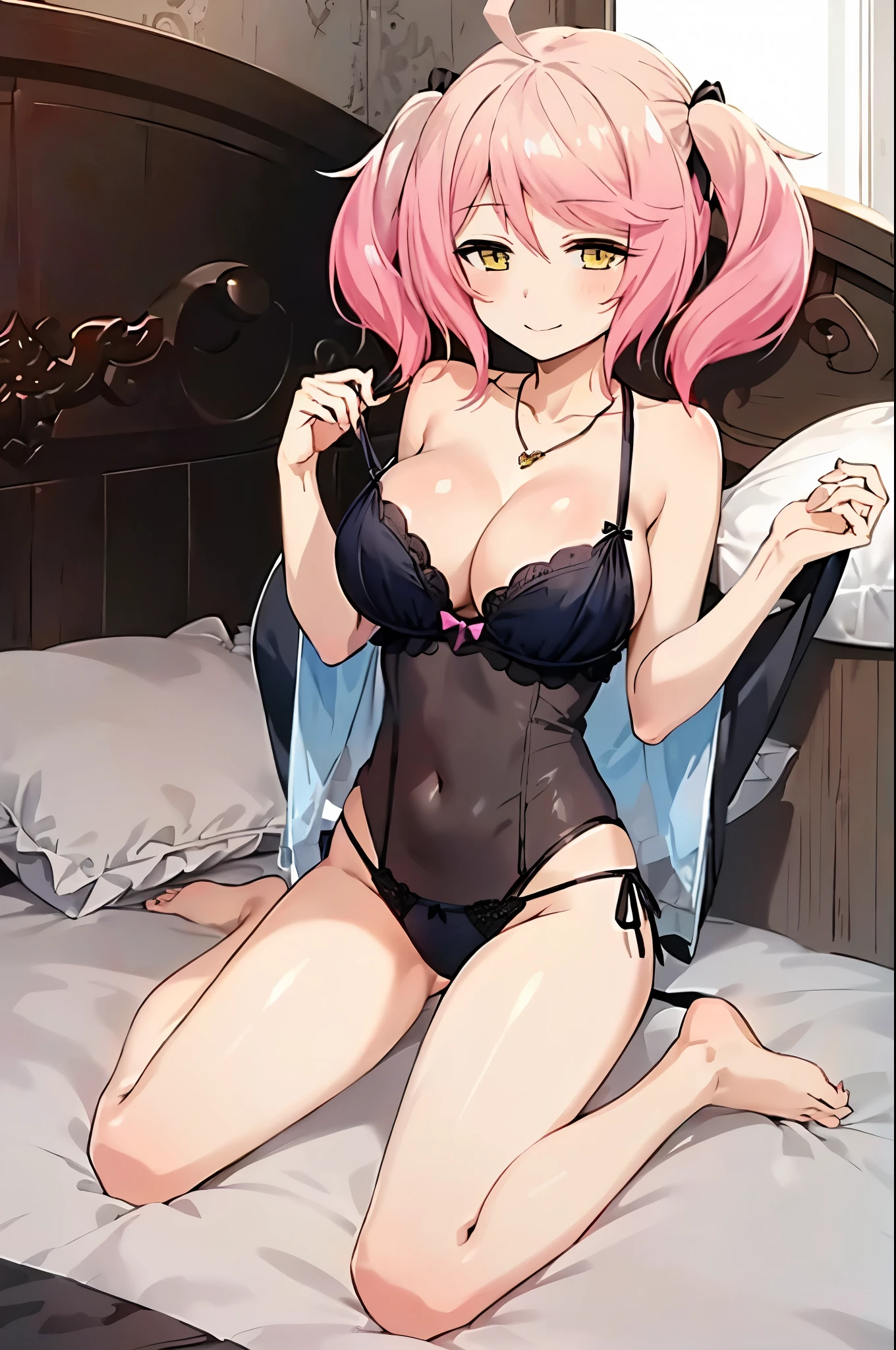 1girl, PhiluffyAingram, solo, breasts, looking_at_viewer, blush, smile, bangs, large_breasts, bow, ribbon, navel, cleavage, hair_between_eyes, bare_shoulders, twintails, jewelry, sitting, closed_mouth, underwear, collarbone, panties, yellow_eyes, pink_hair, ahoge, heart, barefoot, indoors, necklace, character_name, see-through, shiny_skin, pillow, black_panties, black_ribbon, bed, on_bed, wariza, lingerie, strap_slip, pendant, heart_ahoge, heart_necklace, negligee