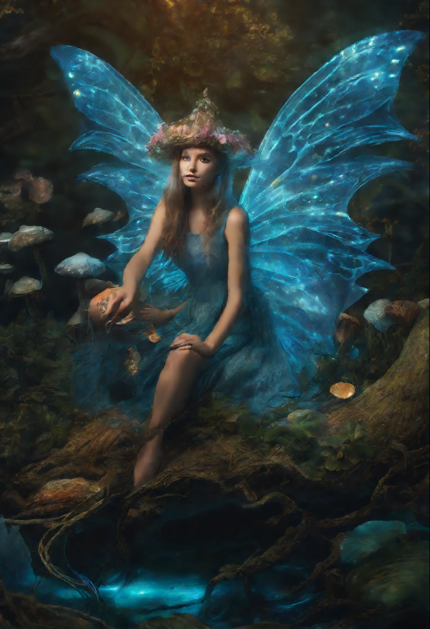 Magic fairy on top of a dragon dreaming, bioluminiscencia, resplandeciente, brillante, Iridiscente, gossamer, Gaseous in a magical world of giant bioluminescent mushrooms