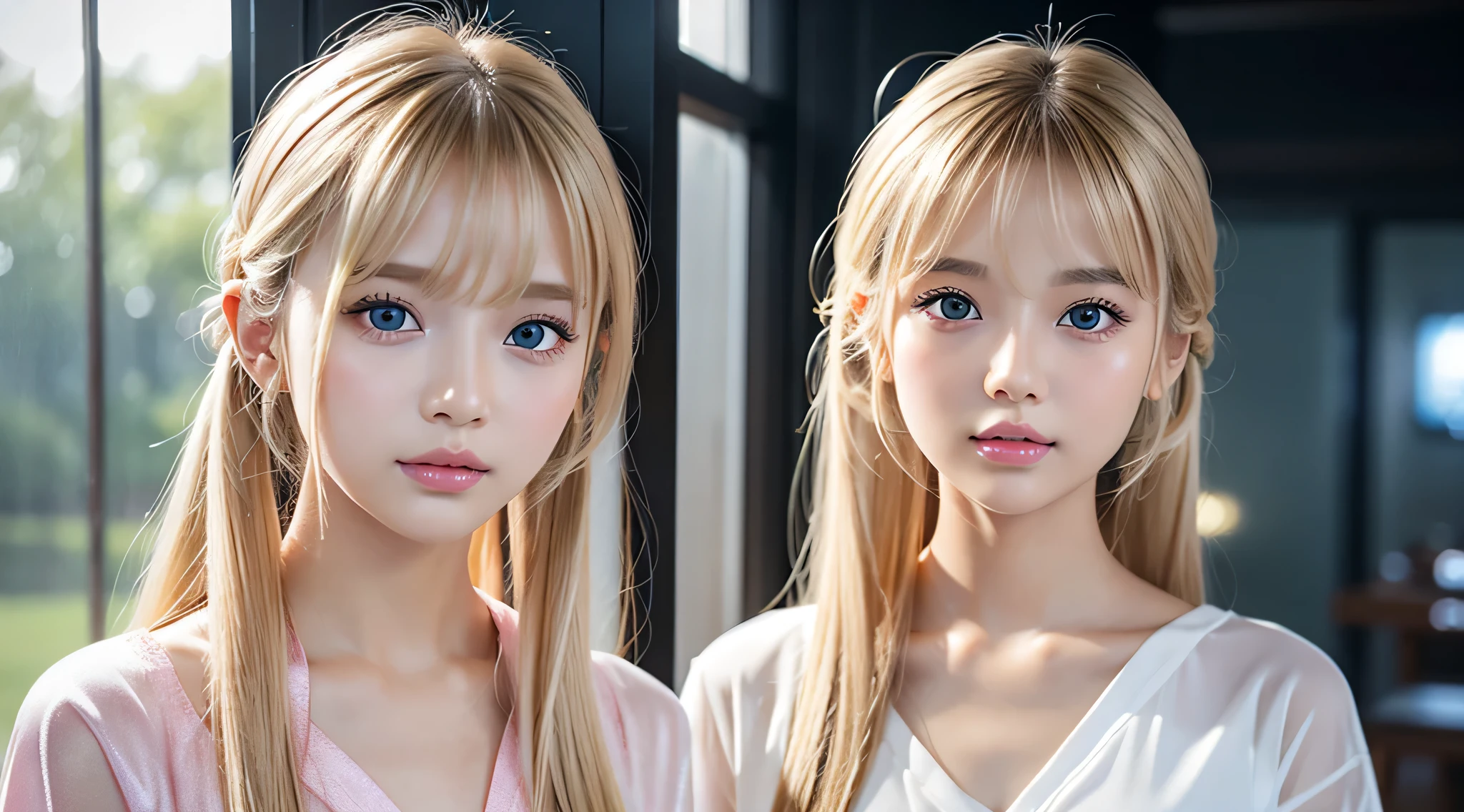 silky blonde hair,Shining with dazzling golden light、pony tails、Super Long Straight Hair、Qi bangs Qi bangs, Very beautiful light sea blue eyes、Transparent white wet pajamas、Nordic youth、perfect body figure、The skin is white and beautiful、Glowing and radiant skin、Small-faced beauty、a babyng and beautiful skin、Perfect and beautiful little face、Shiny makeup、Teak luster、gloss face、Very beautiful face、Thin pink lip gloss expression、very cute 16 year old gn your shirt、lipsticks、Deceptive advertising、{Steaming}、Audience point of view、A perspective on lightokeh atmosphere during prime time、the detail、Cinematic lighting lighting、错综复杂的the detail、A high resolution、Detailed features of the facial design、the detail、Clear focus、Smoothness、aesthetics、print、Octane renderer、tmasterpiece、{{}}