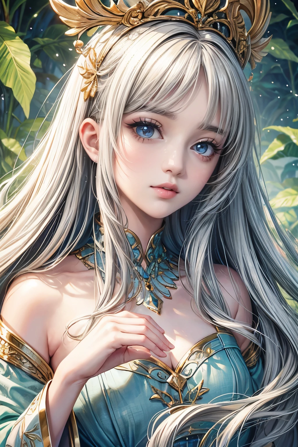 (best quality,8K,CG),detailed upper body,solitary girl,floral forest background,complex facial features,elegant long curly hair,almond-shaped big eyes,detailed eye makeup,long eyelashes,twinkling stars,exquisite lip details,soft and harmonious style.