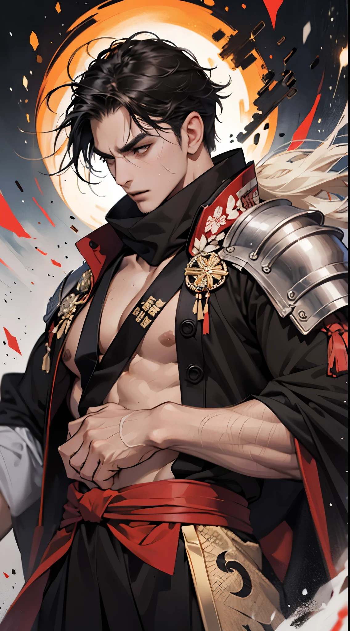 Japanese male samurai, 30 years old, large body, big muscles, slightly hairy, black hair, six pack, body full of wounds, sweaty, tanned skin, dirt, wearing old red and black traditional Japanese armor. , holding a katana, in the middle of the battlefield, Shikoku, fighting stance
