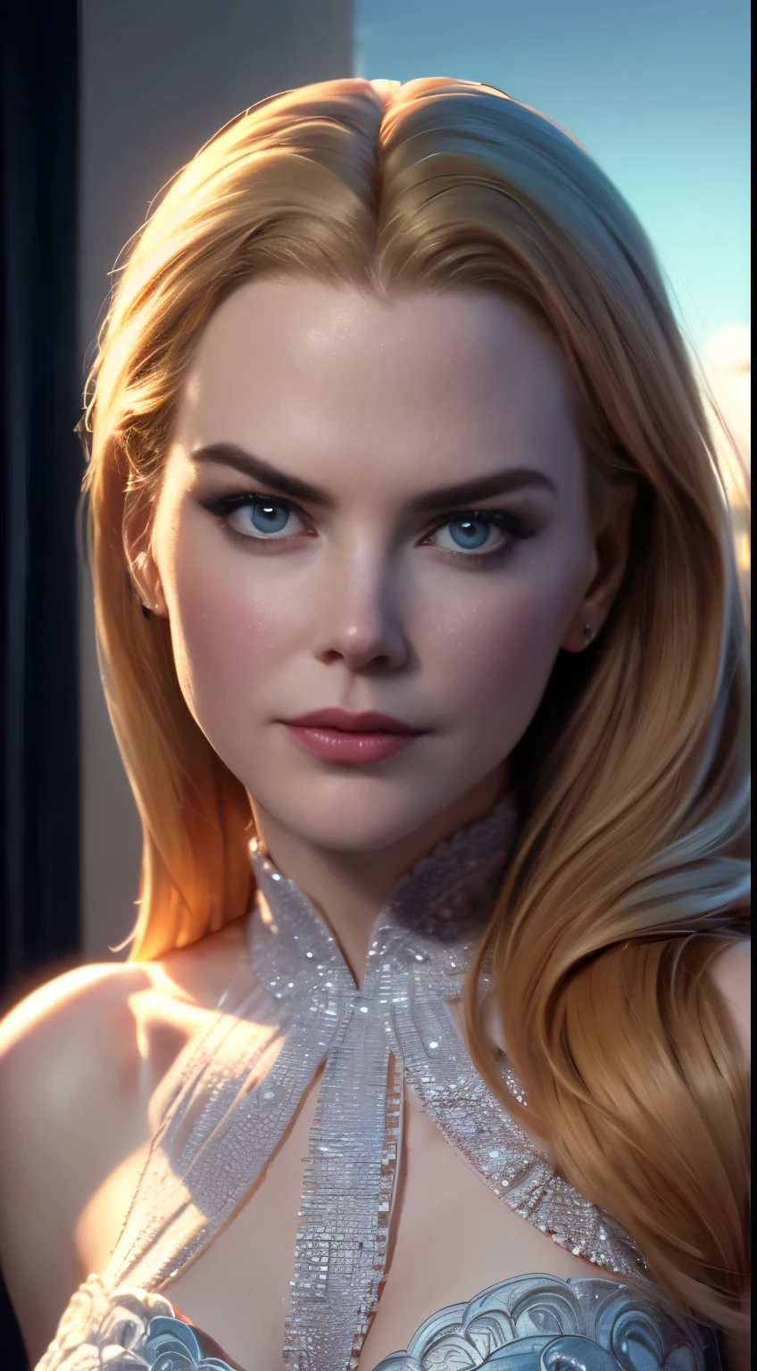 photo of Nicole Kidman, RAW, beautiful woman, ((portrait)), ((detailed face:1.2)), ((detailed facial feature, detailed skin, clear skin), (perfect proportioned body), (wearing a colorful dress) (high detailed city environment, apartment balcony), (realistic photo, best quality, detailed), (8k wallpaper), (cinematic lighting, dramatic lighting) (sharp focus, intricate)