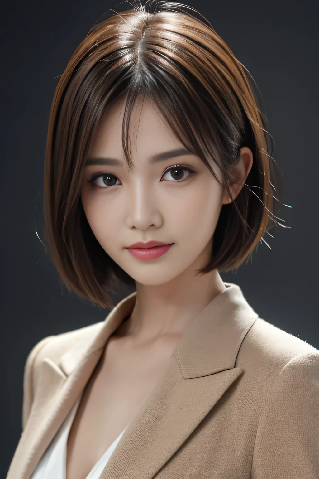 Best quality, realistically, ultra - detailed, Detailed pubic hair, A high resolution, solid color backdrop，8k wallpaper, 1 Beautiful woman,,light brown short hair, Wear a dark suit, lock focus, Perfect dynamic composition, beautidful eyes, Delicate hair, 细致realistically的皮肤纹理, Smiling, closeup portrait, Model body type