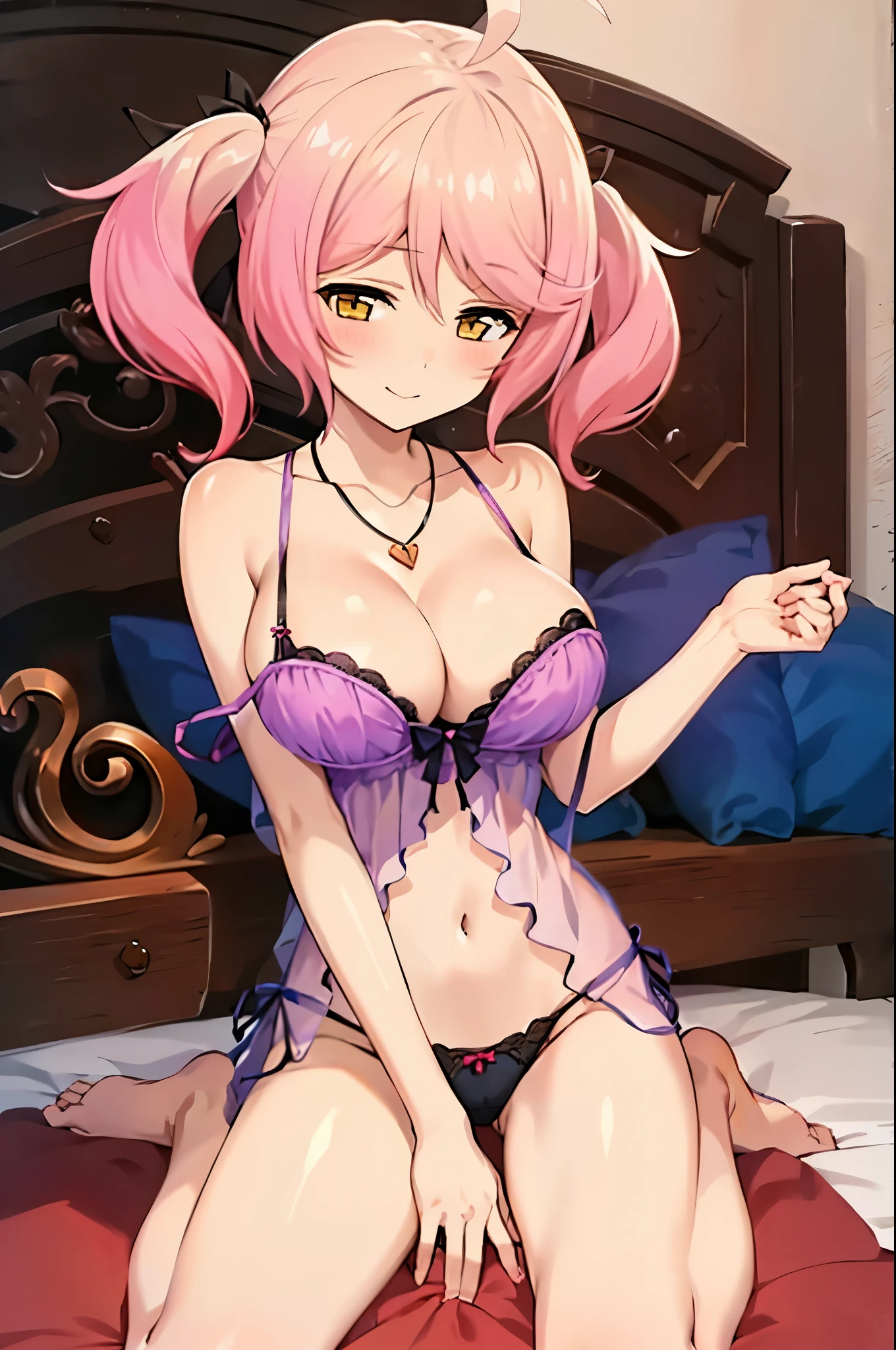 1girl, PhiluffyAingram, solo, breasts, looking_at_viewer, blush, smile, bangs, large_breasts, bow, ribbon, navel, cleavage, hair_between_eyes, bare_shoulders, twintails, jewelry, sitting, closed_mouth, underwear, collarbone, panties, yellow_eyes, pink_hair, ahoge, heart, barefoot, indoors, necklace, character_name, see-through, shiny_skin, pillow, black_panties, black_ribbon, bed, on_bed, wariza, lingerie, strap_slip, pendant,  heart_ahoge, heart_necklace, negligee