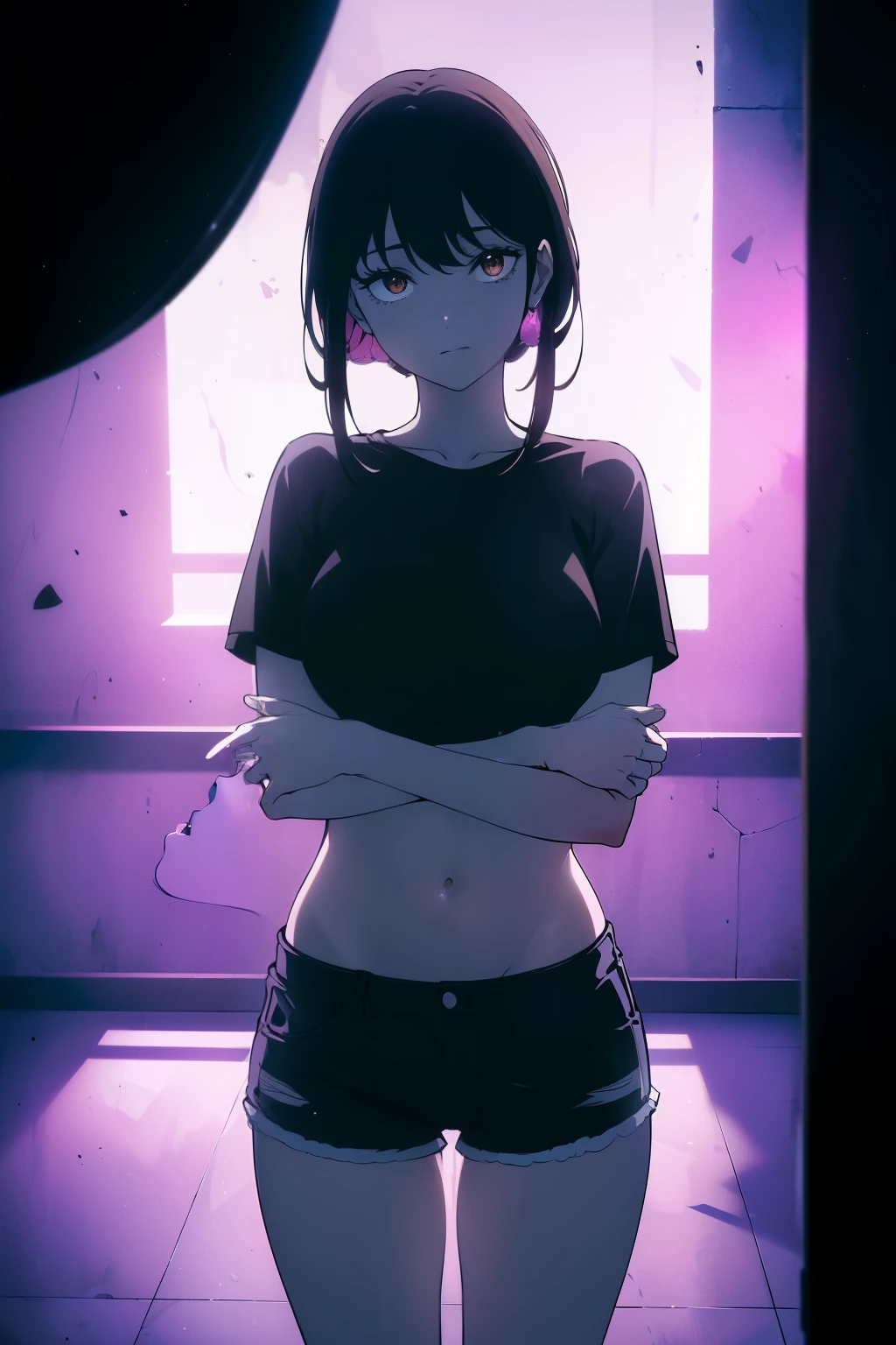 ((((Obra maestra, La mejor calidad, ultrahigh resolution)))), 1girl, happy:1.5, ((standing in a club waiting for someone)), (white t-shirt, jean shorts), (long black hair, long dark black hair), pale skin, ((brown eyes)), (glowing_eyes), (ultra detailed eyes:0.7, beautiful and detailed face, detailed eyes:0.9), ((centered)), ((over joyed expression)), ((wide shot)), facing viewer, (((indoor part, purple and black lights, black dancing silhouettes:0.9, rave:1))), medium breasts, looking at viewer, ((perfect hands)), (((head:1, arms, hips in view, elbows, thighs, in view))), lively eyes, beautiful lighting, outside, outdoors, background, defined subject, 25 years old, (head tilt), (((cool gaze))), (((lively))), ((twirling)), ((holding her arm shyly, relaxed))