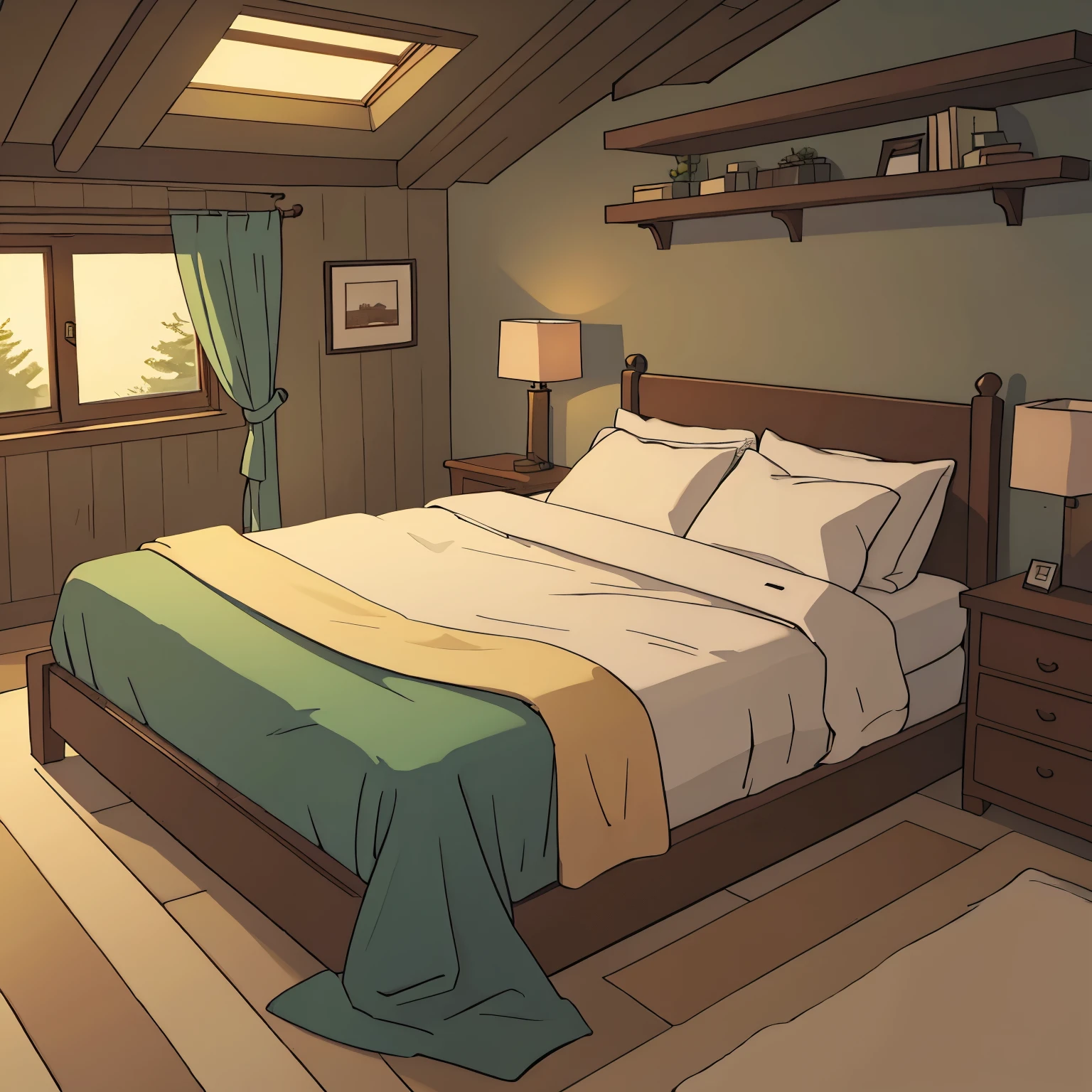 There is a cozy bedroom with a bed,