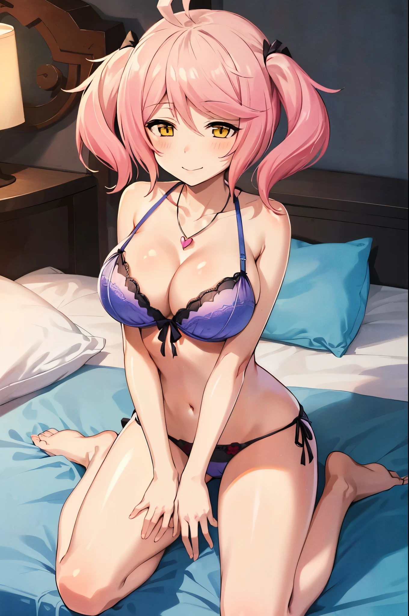 1girl, PhiluffyAingram, solo, breasts, looking_at_viewer, blush, smile, bangs, large_breasts, bow, ribbon, navel, cleavage, hair_between_eyes, bare_shoulders, twintails, jewelry, sitting, closed_mouth, underwear, collarbone, panties, yellow_eyes, pink_hair, ahoge, heart, barefoot, indoors, necklace, character_name, see-through, shiny_skin, pillow, black_panties, black_ribbon, bed, on_bed, wariza, lingerie, strap_slip, pendant, heart_ahoge, heart_necklace, negligee