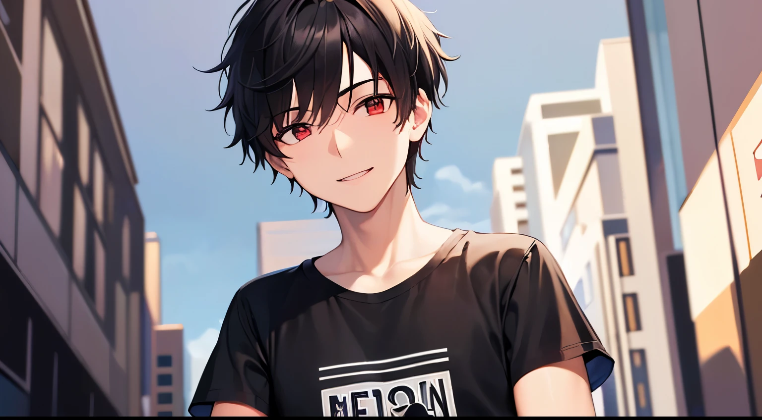 ​masterpiece、hightquality、during daytime、Angle from below, Low angle, (25 year old man with short black hair and red eyes:1.5)、Wearing a plain black T-shirt、(Alone:1.5)、(smile:1.1)、Close-up of your face、(Only the upper body is shown.:1.3)、The background is a shopping street、Bold composition、