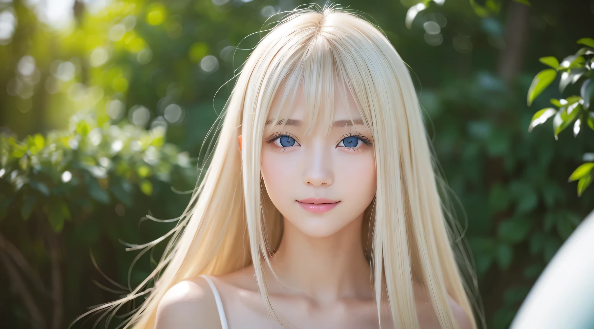 light  smile、natta、Original photography、(((extremely beautiful portrait)))、((glistning skin))、1 girl、The most beautiful **************** in Prague、((shiny platinum blonde hair))、[Large light blue eyes]、Skin glows、Silky Super Long Straight Hair、eyeline、With long bangs、hair between eye、((tmasterpiece、quality、ultra - detailed、Cinematic lighting lighting、Complicated details、A high resolution、8K、The content is very detailed))、background of the matter、8k ultra high definition、Digital SLR、Soft lighting、高quality、filmgrain、XT3 、shallowdepthoffield、Natural soft light、（without hands）、Shang Ming、Sareme、