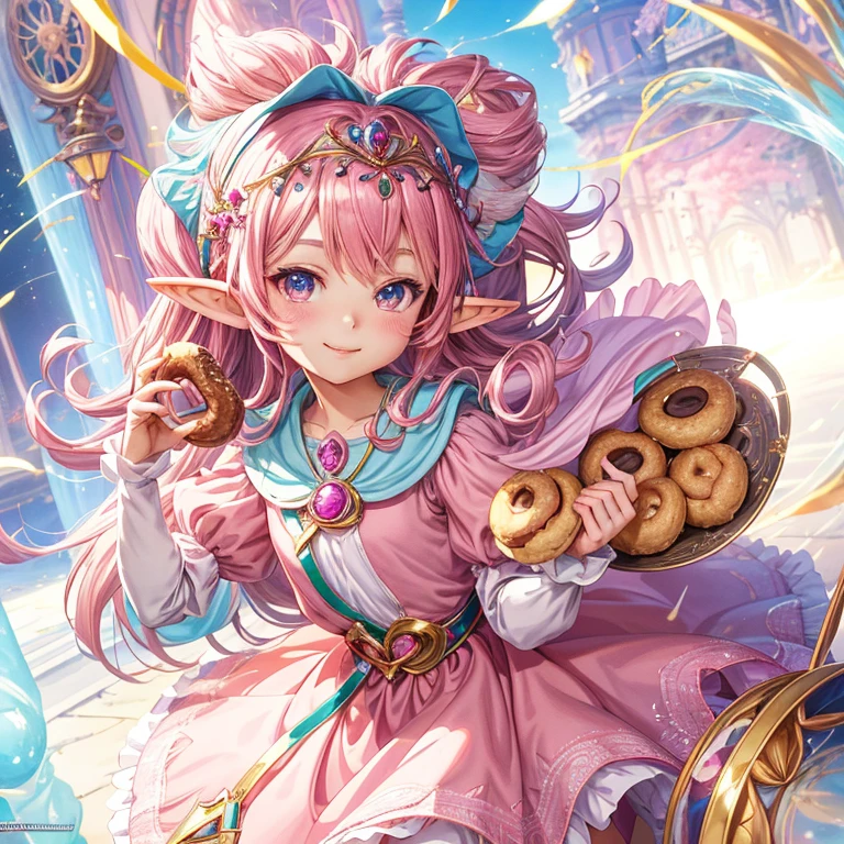anime girl with a pink dress and a tiable holding a doughnut, smiling as a queen of fairies, anime fantasy illustration, portrait of magical girl, elf princess, sparkling magical girl, lalafell, loli, orianna, detailed digital anime art, official artwork, detailed key anime art, anime fantasy artwork, hajime sorayama designed girl