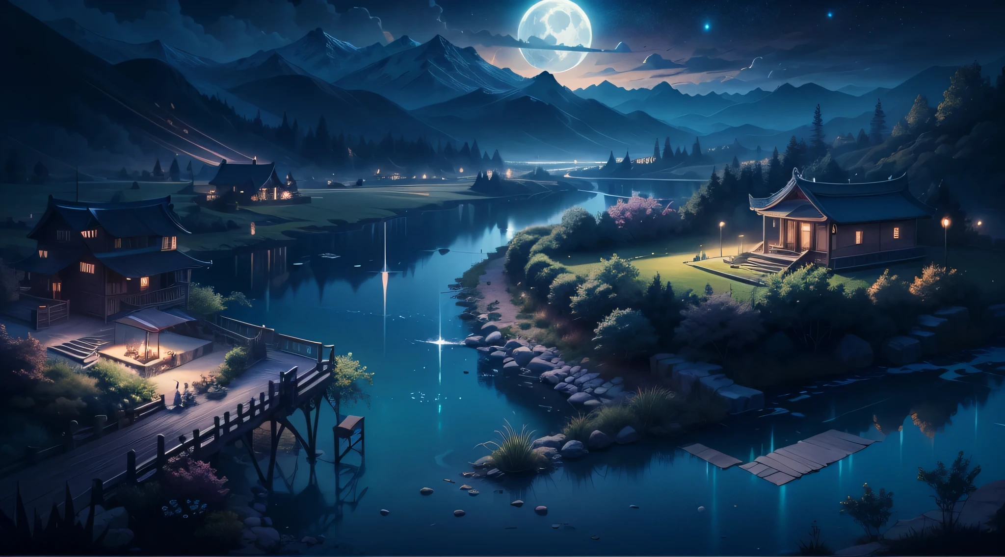 nighttime scene与一些亚洲人的房子, vietnam, vietnam, Ha Giang, themoon, lake in foreground, calm evening, green and blue, Digital illustration, 4k highly detailed digital art, nighttime scene, Anime art wallpaper 4k, Anime art wallpaper 4k, 4k detailed digital art, nighttime nature landscape, Anime art wallpaper 8 K, background artwork, Beautiful Art UHD 4K, 4 k hd illustrative wallpaper