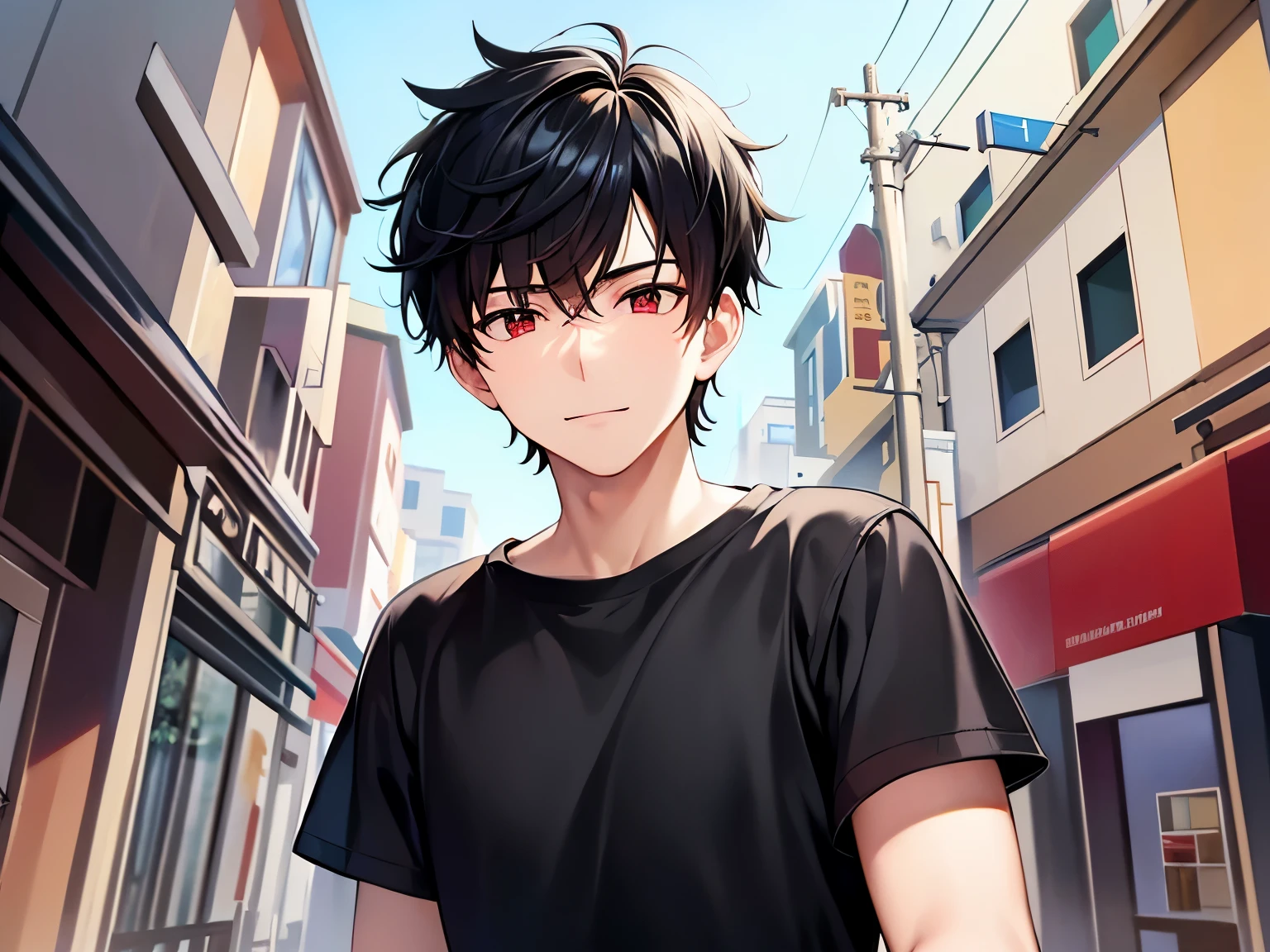 masterpiece、hightquality、during daytime、Angle from below, Low angle, (25 year old man with short black hair and red eyes:1.5)、Wearing a plain black T-shirt、(Alone:1.5)、(smile:1.1)、Close-up of your face、(Only the upper body is shown.:1.3)、The background is a shopping street、Bold composition、