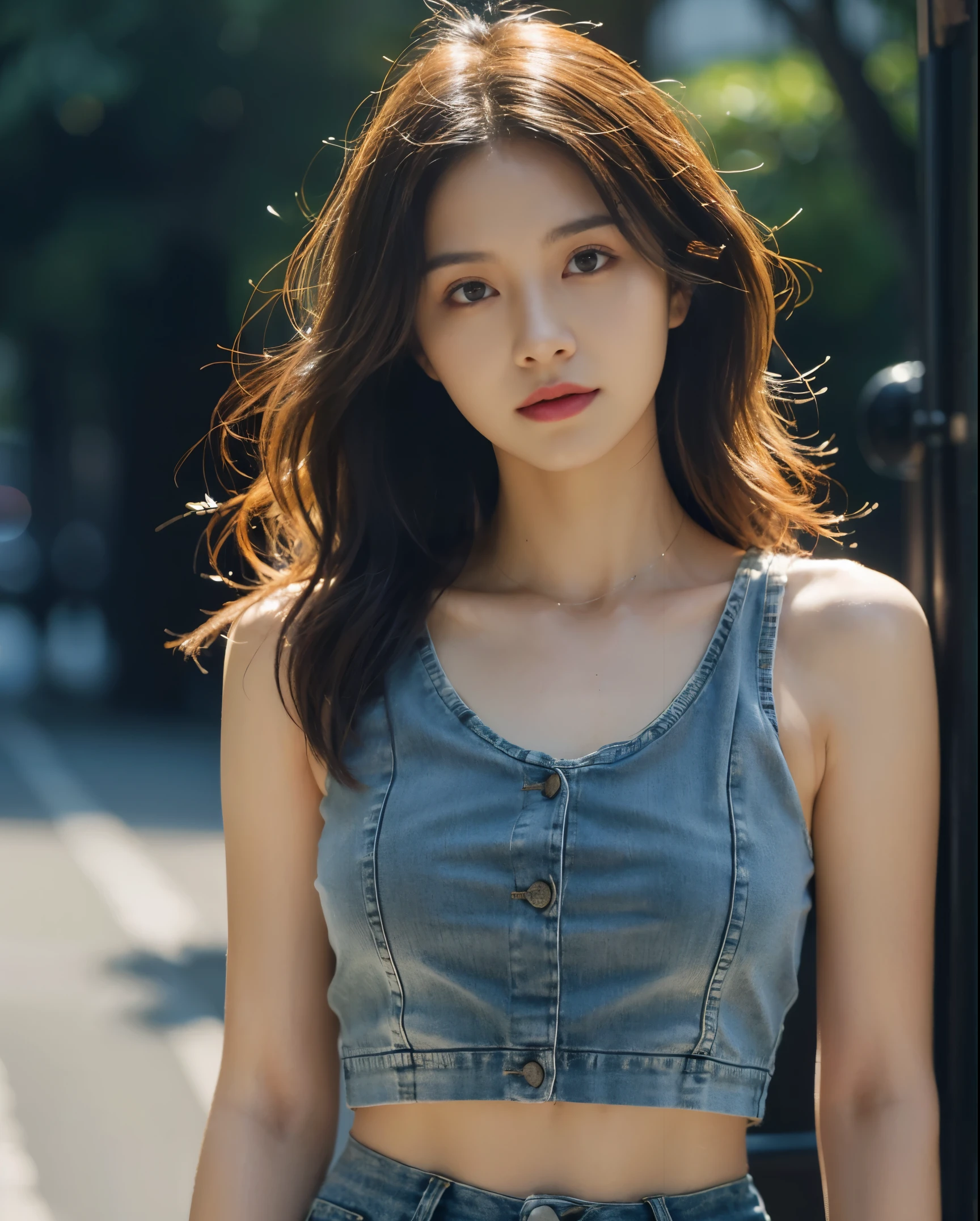 ((medium chest, long hair, small head)), daylight, sunlight, (well-defined abs: 1.1), (perfect body: 1.1), (short wavy hair: 1.2), russet hair, collar, chain, full body photo, shabby street, wearing a black tank top, denim jacket, ((shorttremely detailed CG 8k wallpaper), (extremely delicate and beautiful), (masterpiece), (Best Quality: 1.0), (Ultra Resolution: 1.0), Beautiful Lighting, Perfect Lightning, Realistic Shadows, [High Resolution], Detailed Skins, Ultra Detailed