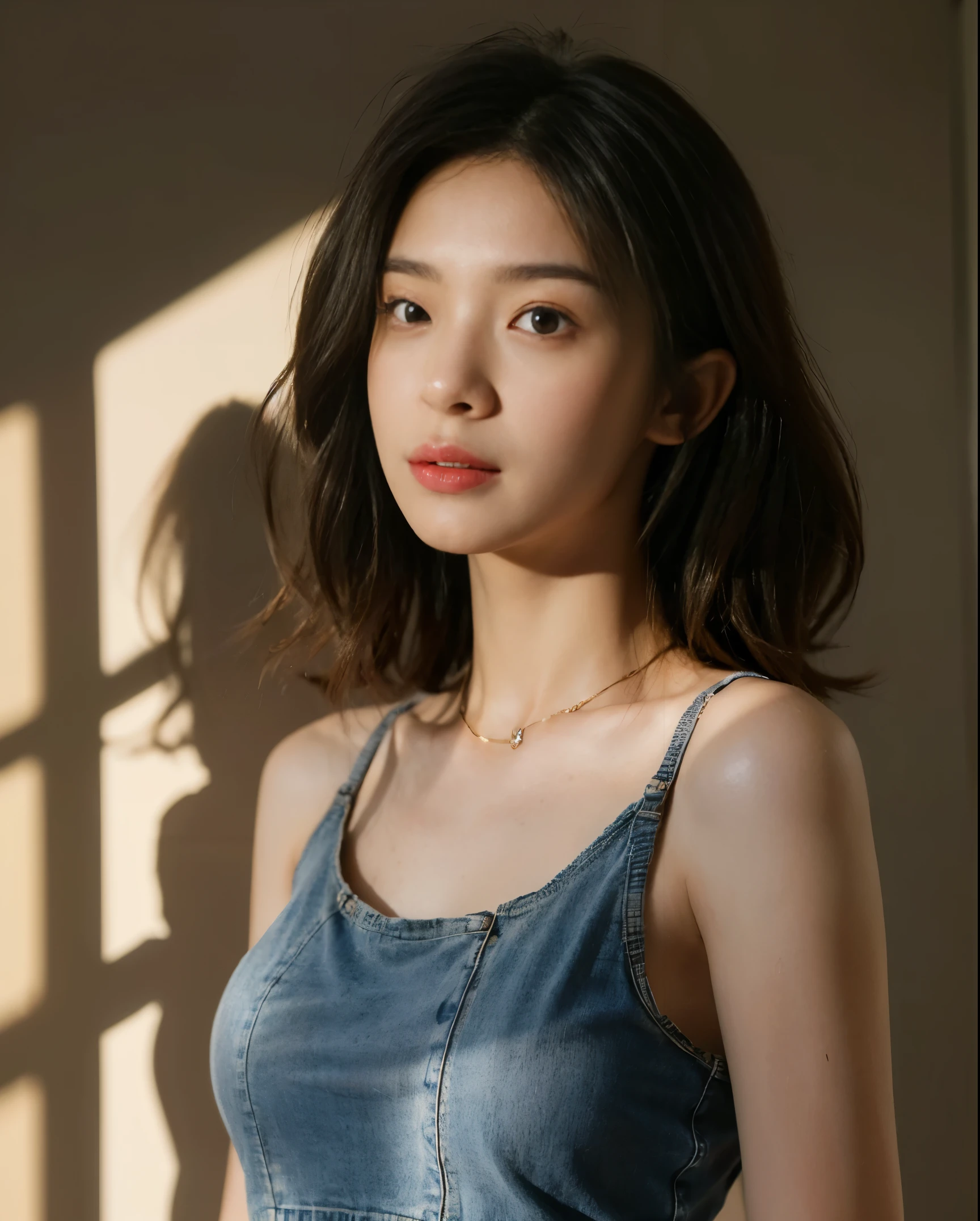 ((medium chest, long hair, small head)), daylight, sunlight, (well-defined abs: 1.1), (perfect body: 1.1), (short wavy hair: 1.2), russet hair, collar, chain, full body photo, shabby street, wearing a black tank top, denim jacket, ((shorttremely detailed CG 8k wallpaper), (extremely delicate and beautiful), (masterpiece), (Best Quality: 1.0), (Ultra Resolution: 1.0), Beautiful Lighting, Perfect Lightning, Realistic Shadows, [High Resolution], Detailed Skins, Ultra Detailed