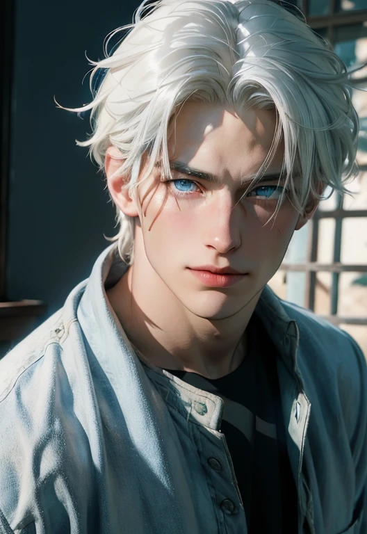 (((best quality))),(((ultra high resolution))),(((photo realistic:1.4))),UHD,(Portrait of a man looking at the viewer)
BREAK
((38 year old)),(((large faded scar over right eye)))((white hair)),(((vivid blue eyes))), curtain hairstyle, smiling, masculine face, roman nose, muscular, heroic, black shirt, detailed and correct facial structure, johan liebert mixed with dante, handsome, attractive, 
BREAK
Standing by window, soft afternoon light, realistic, cinematic lighting, unreal engine, masterpiece, best quality, by Irakli Nadar, Greg Rutkowski