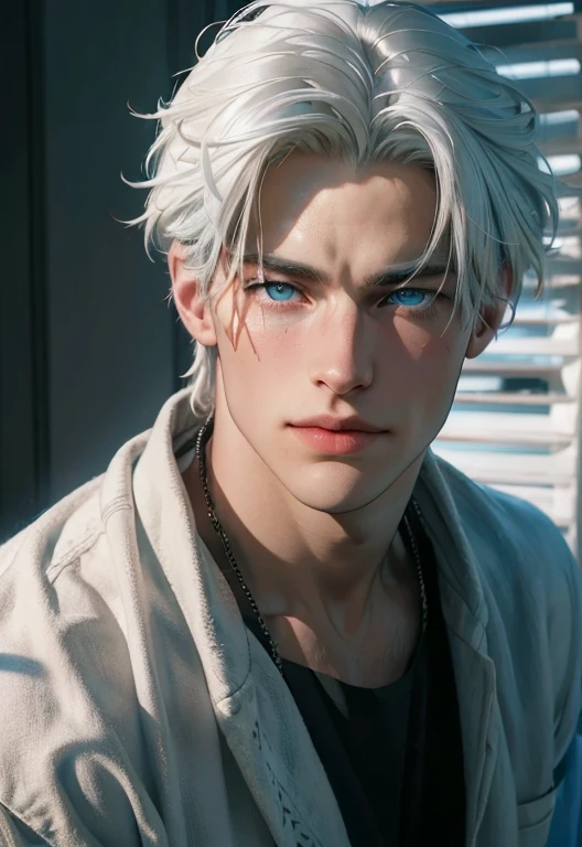 (((best quality))),(((ultra high resolution))),(((photo realistic:1.4))),UHD,(Portrait of a man looking at the viewer)
BREAK
((38 year old)),(((large faded scar over right eye)))((white hair)),(((vivid blue eyes))), curtain hairstyle, smiling, masculine face, roman nose, muscular, heroic, black shirt, detailed and correct facial structure, johan liebert mixed with dante, handsome, attractive, 
BREAK
Standing by window, soft afternoon light, realistic, cinematic lighting, unreal engine, masterpiece, best quality, by Irakli Nadar, Greg Rutkowski