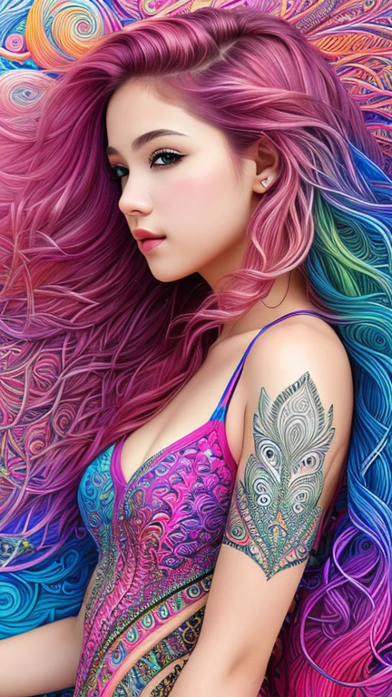 (best quality,ultra-detailed,extreme detail description:1.2), ultra-fine painting, zentangle:1.2, dynamic pose, abstract background:1.5, long wavy hair, pink hair, 1 girl, vibrant colors, photography, top-down view:1.2