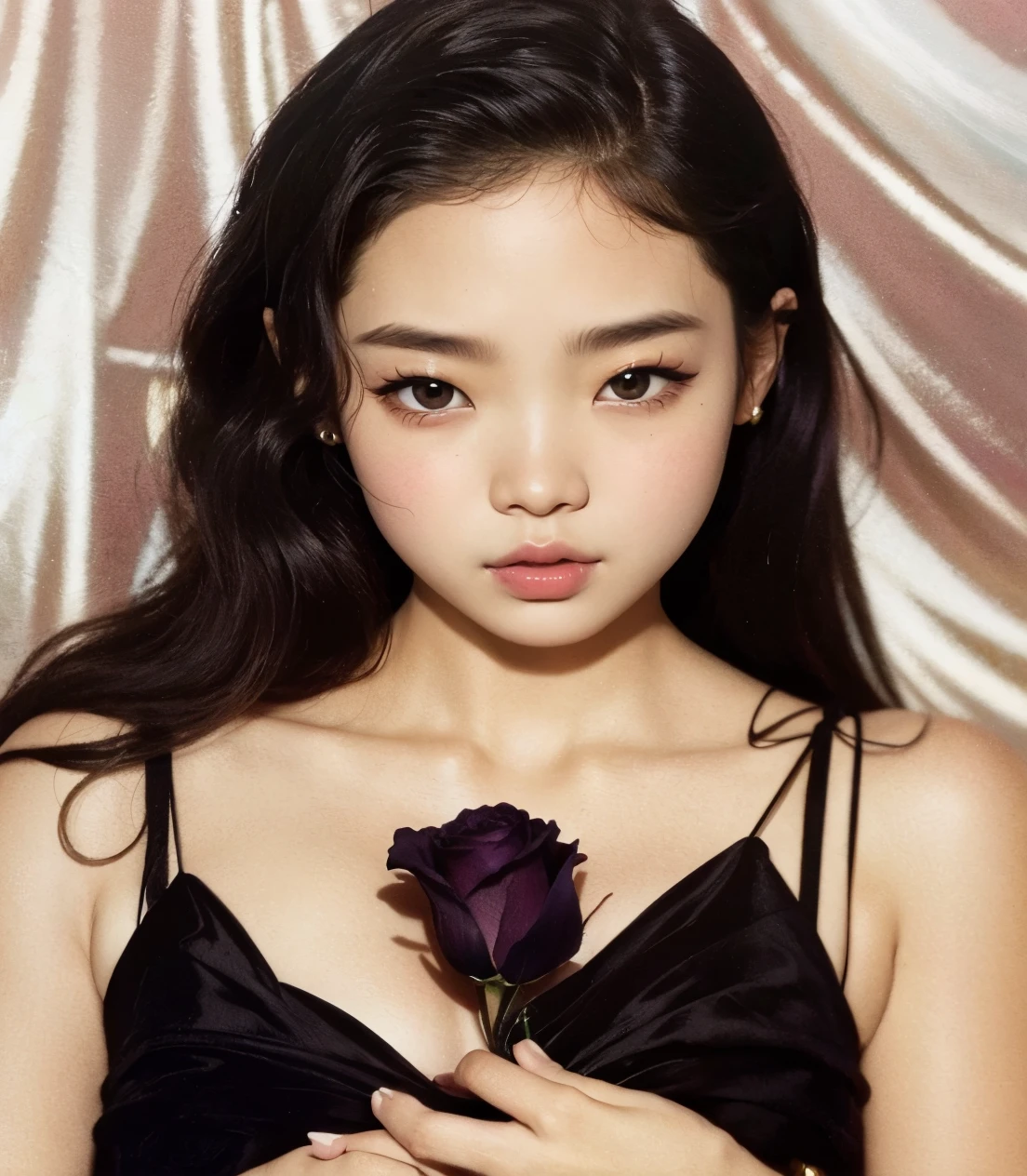Mujer arafed con un vestido negro sosteniendo una rosa en la mano., Blackpink Jennie, portrait of Jossi de Blackpink, Jinyoung Shin, Jossi de Blackpink, Jaeyeon Nam, Gongbi, Taejune Kim, her face looks like an orchid, Jiyun Chae, Minchen Shen, Heonhwa Choe, Lulu Chen, Seseon Yoon