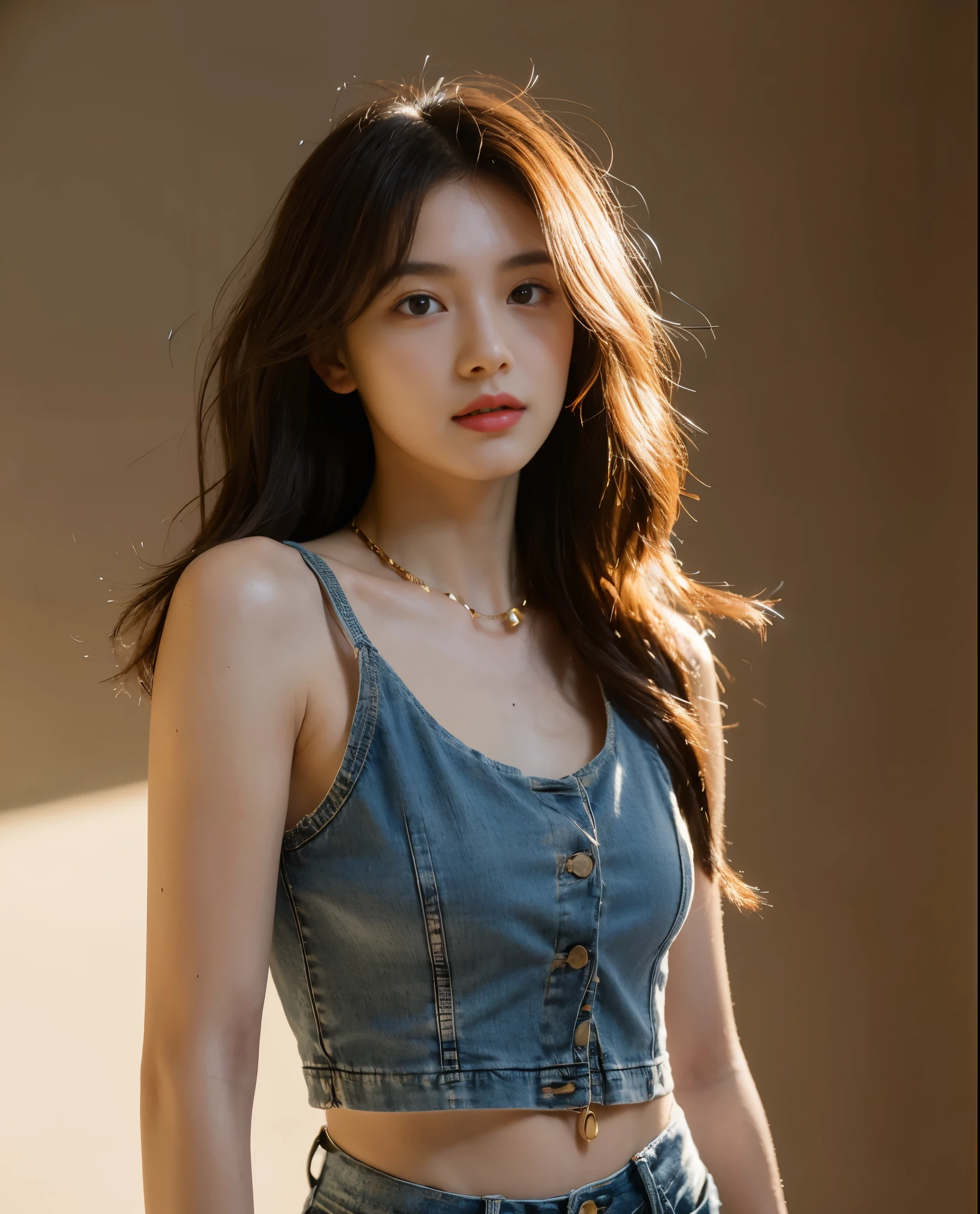 ((medium chest, long hair, small head)), daylight, sunlight, (well-defined abs: 1.1), (perfect body: 1.1), (short wavy hair: 1.2), russet hair, collar, chain, full body photo, shabby street, wearing a black tank top, denim jacket, ((shorttremely detailed CG 8k wallpaper), (extremely delicate and beautiful), (masterpiece), (Best Quality: 1.0), (Ultra Resolution: 1.0), Beautiful Lighting, Perfect Lightning, Realistic Shadows, [High Resolution], Detailed Skins, Ultra Detailed