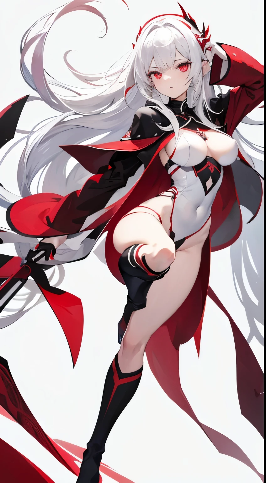 White hair, red eyes, Hip lenght hair, masterpiece, beautiful, no NSFW, 1girl, white background, highres, sharp eyes, full body