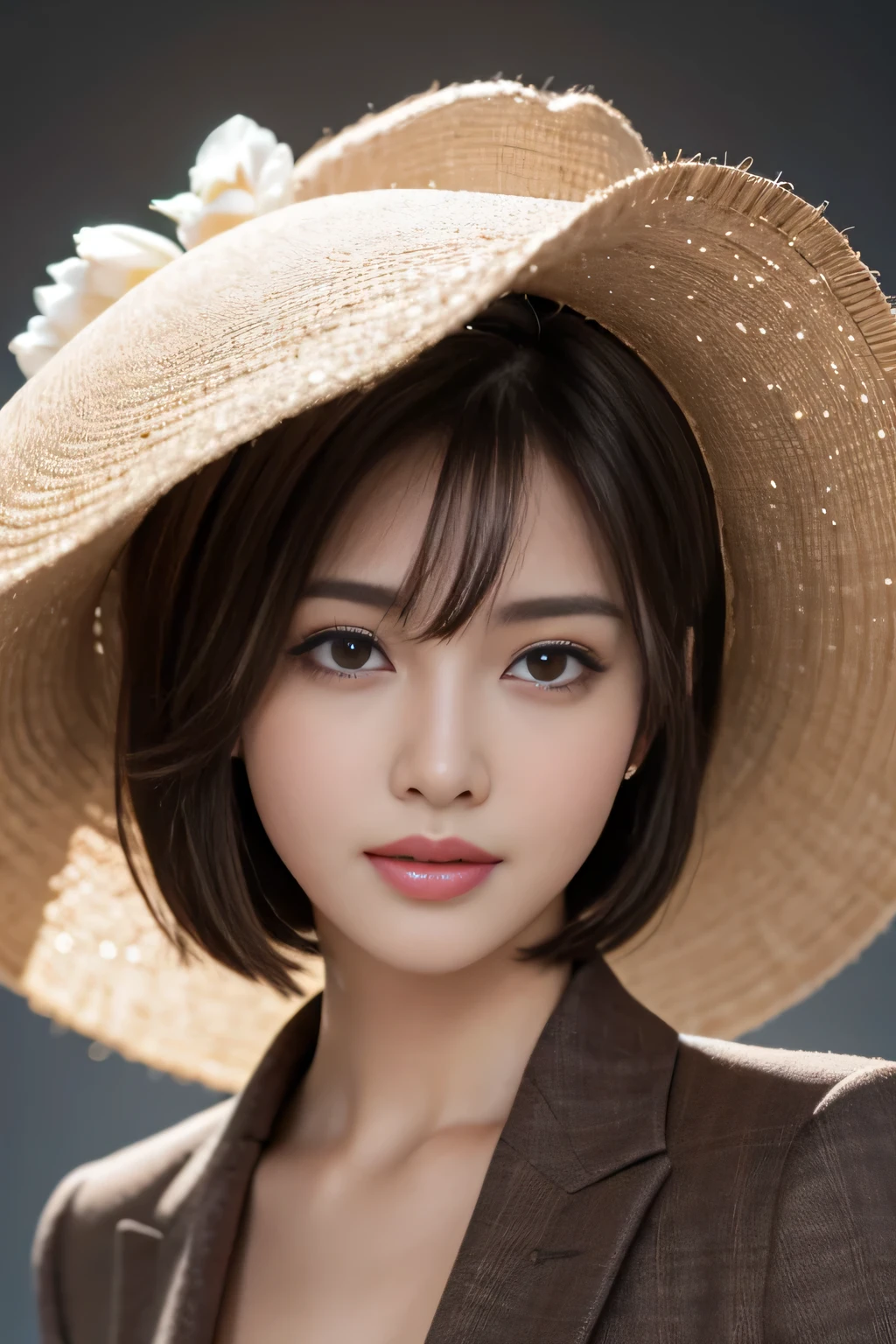 Best quality, realistically, ultra - detailed, Detailed pubic hair, A high resolution, solid color backdrop，8k wallpaper, 1 Beautiful woman,,light brown short hair, Wear a dark suit, lock focus, Perfect dynamic composition, beautidful eyes, Delicate hair, 细致realistically的皮肤纹理, Smiling, closeup portrait, Model body type