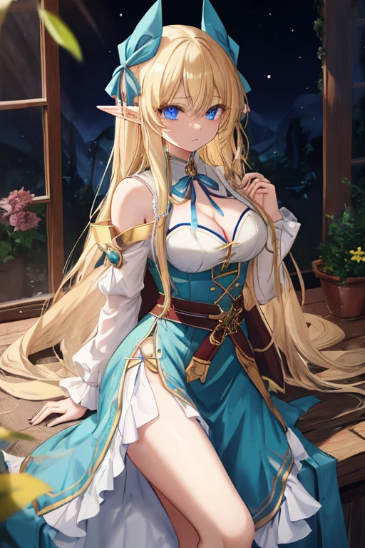 is an elf girl, long hair,blonded hair, wear a withe dress, pointed hears, a blue ribbon that surrounds her waist below her breasts, sexy, attractive, blue eyes