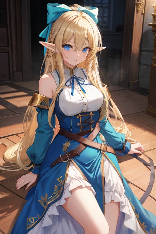 is an elf girl, long hair,blonded hair, wear a withe dress, pointed hears, a blue ribbon that surrounds her waist below her breasts, sexy, attractive, blue eyes