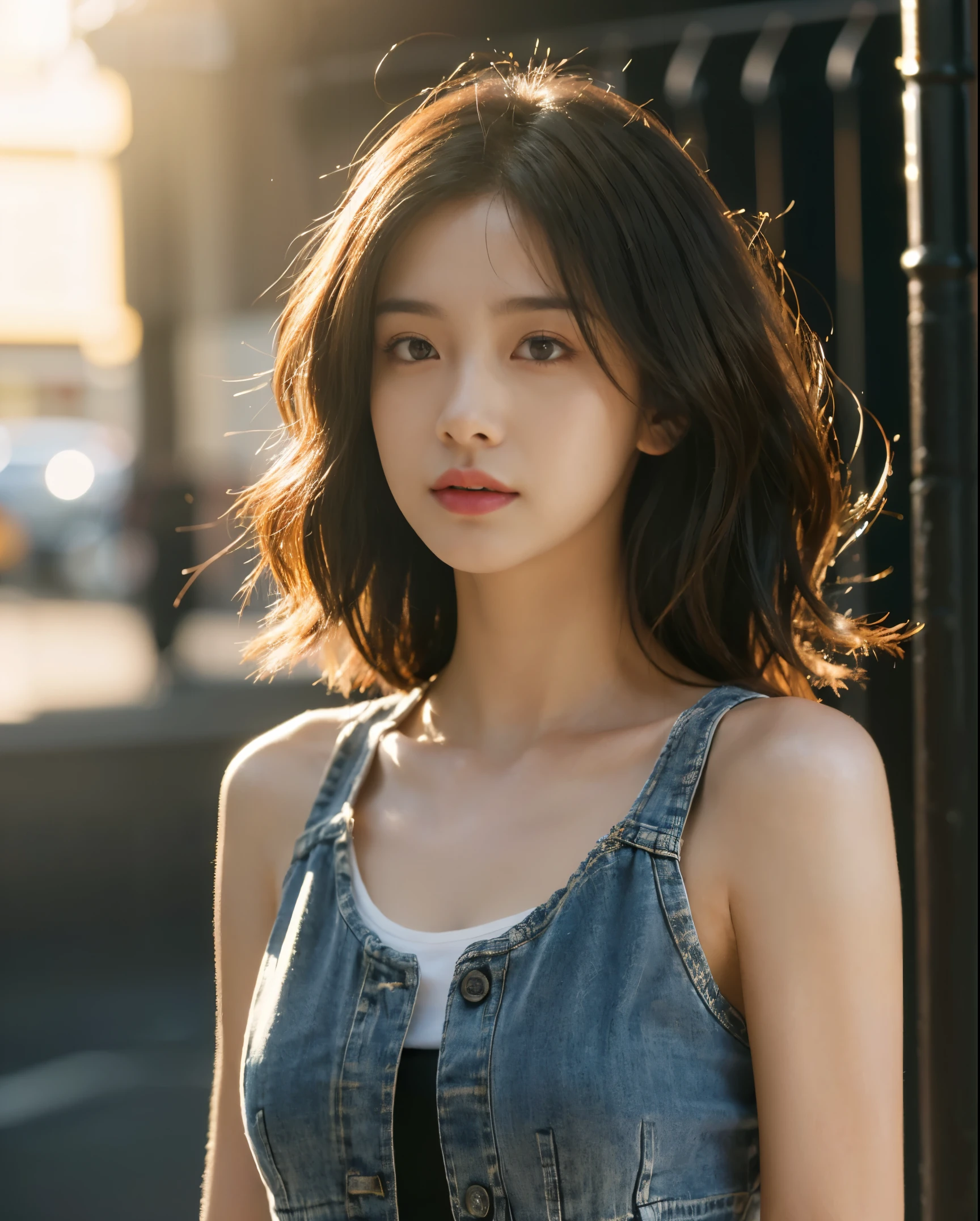 ((medium chest, long hair, small head)), daylight, sunlight, (well-defined abs: 1.1), (perfect body: 1.1), (short wavy hair: 1.2), russet hair, collar, chain, full body photo, shabby street, wearing a black tank top, denim jacket, ((shorttremely detailed CG 8k wallpaper), (extremely delicate and beautiful), (masterpiece), (Best Quality: 1.0), (Ultra Resolution: 1.0), Beautiful Lighting, Perfect Lightning, Realistic Shadows, [High Resolution], Detailed Skins, Ultra Detailed