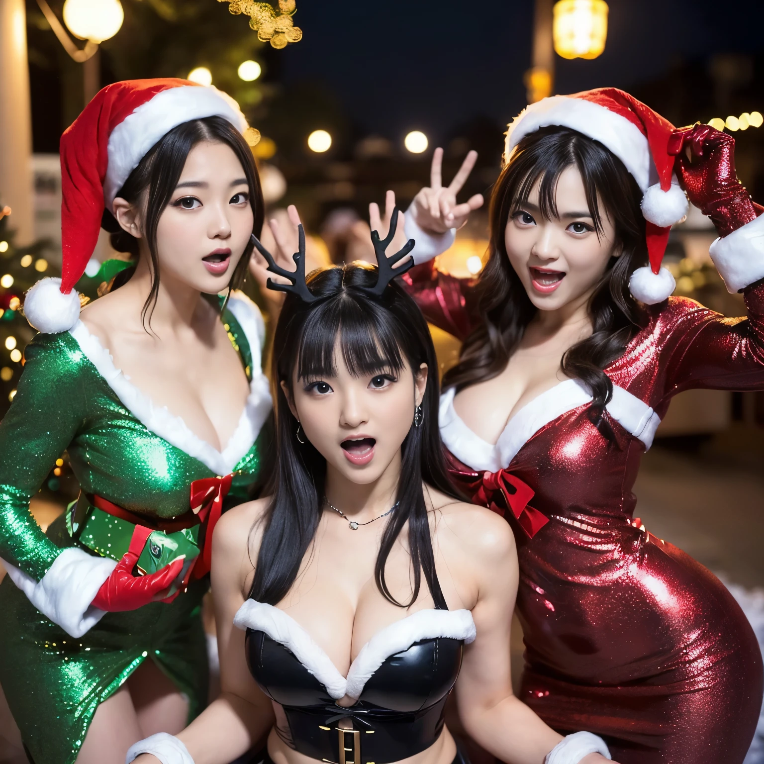 BEST-QUALITY, MASTERPIECE, ULTRA-HIGH-RESOLUTION, (PHOTOREALISTIC:1.4), RAW-PHOTO, ULTRA DETAILED, PERFECT-ANATOMY, 

at midnight, face focus, ((((The three members of the most popular Japanese idol group having a lot of fun at Christmas party, all wearing sexy and gorgeous Christmas costumes)))), ((all have extremely cute faces like a most famous and most popular Japanese idols, all amazingly beautiful big-black-solid-circle-eyes):1.3), all extremely beautiful realistic-skins, all have extremely beautiful bodies, detailed sexy and gorgeous Christmas costumes, detailed Christmas party