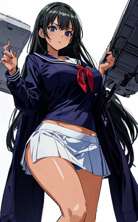 At the station, a beautiful woman with long black hair, big breasts, beautiful legs, and a sailor suit wearing a white miniskirt is standing and glaring at the middle-aged office worker in front of her, boldly showing off her pale light blue and blue striped panties.。