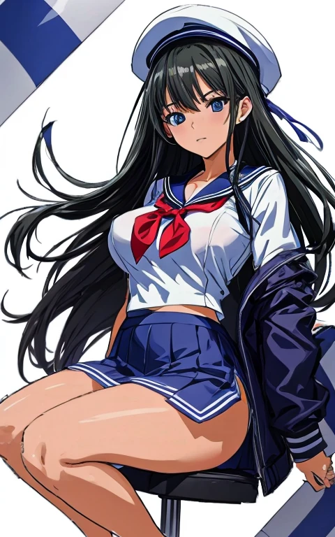 A beautiful woman with long black hair, big breasts, and beautiful legs is wearing a sailor uniform with a white miniskirt, and the skirt is rolled up so that her light blue and blue striped panties are fully visible.。I am having a conversation with an elderly office worker.。