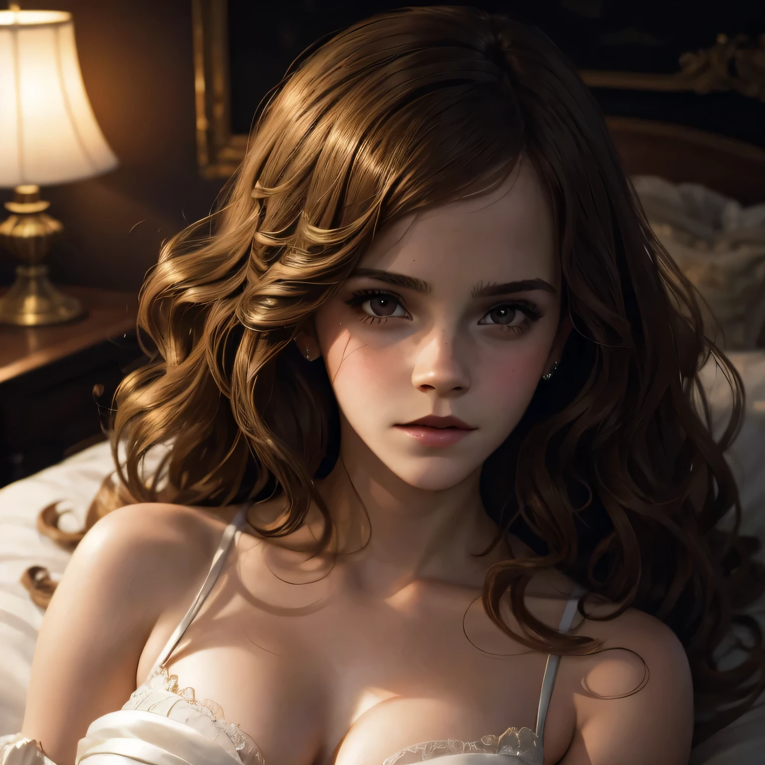 Emma Watson, tours of sexy prostitutes, Portrait du personnage, 4 9 9 0 s, long curly hair, souriante, aguicheuse, bouche ouverte, Bukkake, laying in bed, complexe, elegant, highly detailed, digital painting, ArtStation, Art conceptuel, lisse, mise au point nette, illustration, Illustration par Wlop, Charlie Bowater et Alexandra Fomina