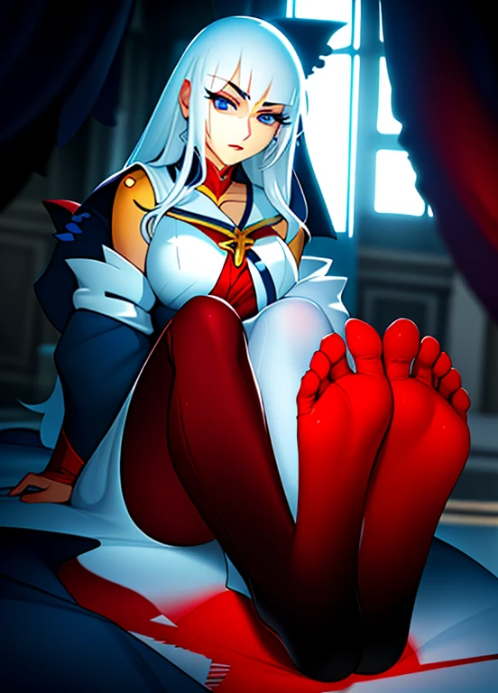 NSFW, Mutsuki, Mutsuki_Blue_Archive, long hair, white hair, smug, flat breasts, small breasts, nurse outfit, teasing, giggle, foot job, feet, penis, vagina, sexual, blush