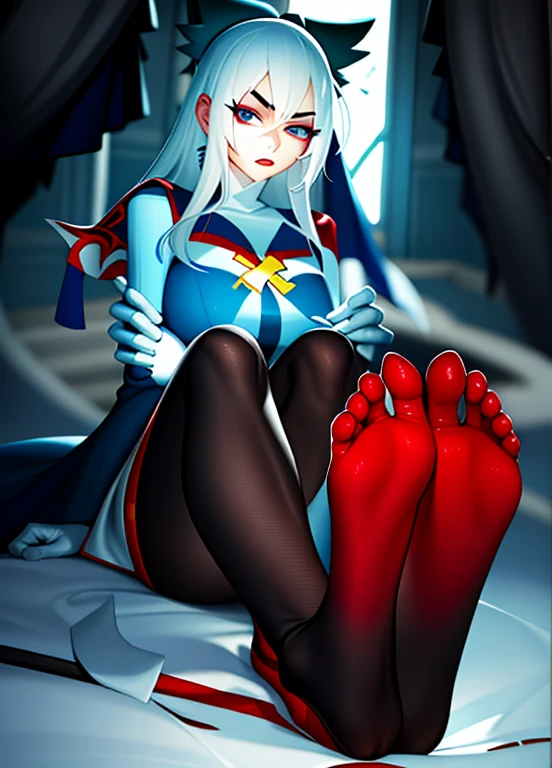 1girl, nun, cross, bible, white hair, church, realistic and detailed eyes, nude, big breasts, super long soles, extremely long soles, extremely long feet, correct feet anatomy