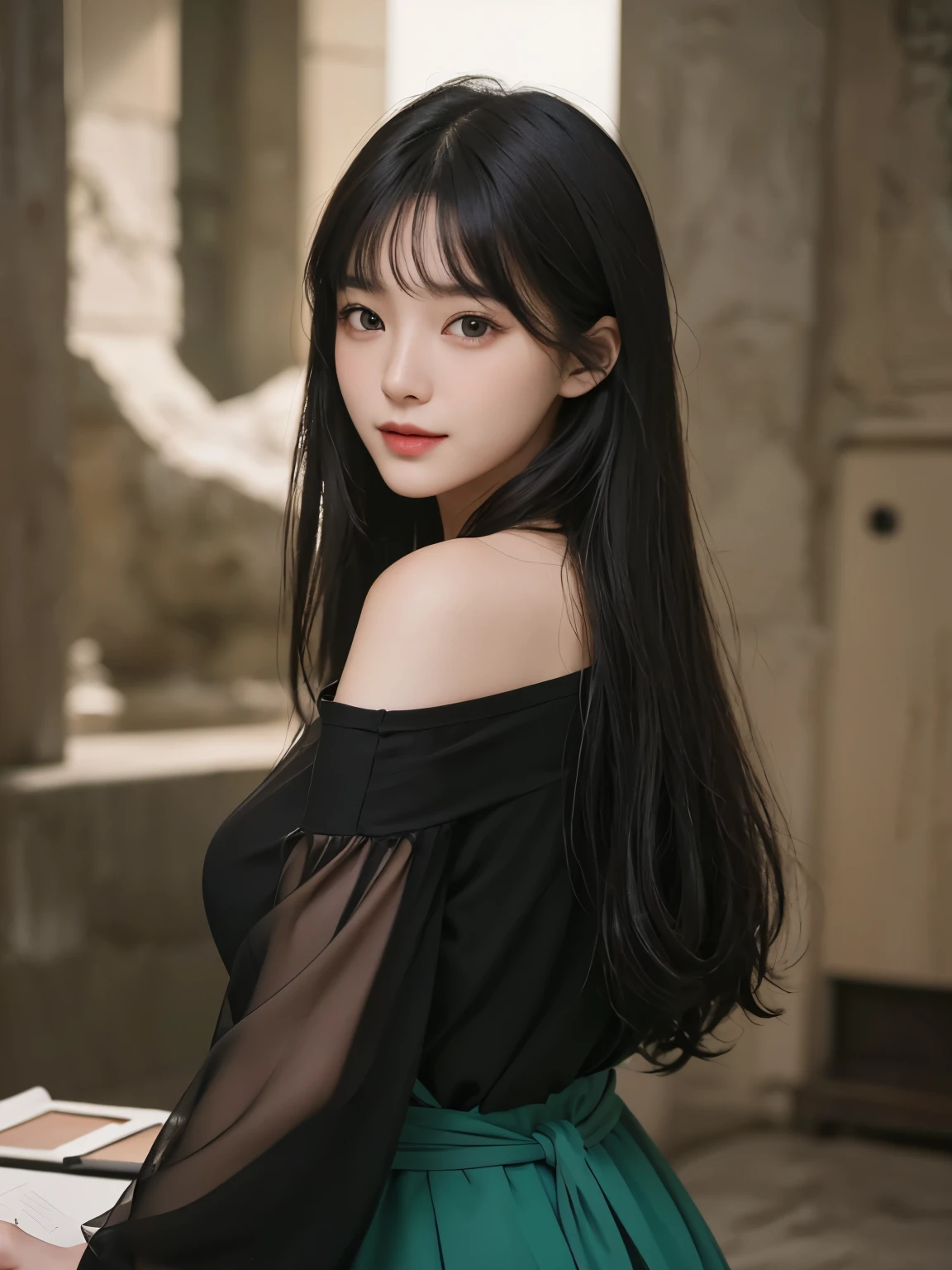 Masterpiece, highest quality, beauty, Japanese, popular Korean makeup, fine, detailed eyes, fine skin, beautiful skin, super high resolution, (reality 1.4), very beautiful, slightly young face, beautiful skin, slender, (super realistic) , (Illustration), (High resolution), (8K), (Very detailed) (Best illustration), (Beautiful and detailed eyes), (Super detailed), (Wallpaper), (Detailed face), Viewer's perspective, Fine detail, detailed face, pureerosfaceace_v1, smile, direct view, direct view, angle from the waist up, realistic photo, bright lighting, professional lighting, black hair (some green), long hair, dark ruins, big red moon, gorgeous red and black dress, woman, stylish long bangs,