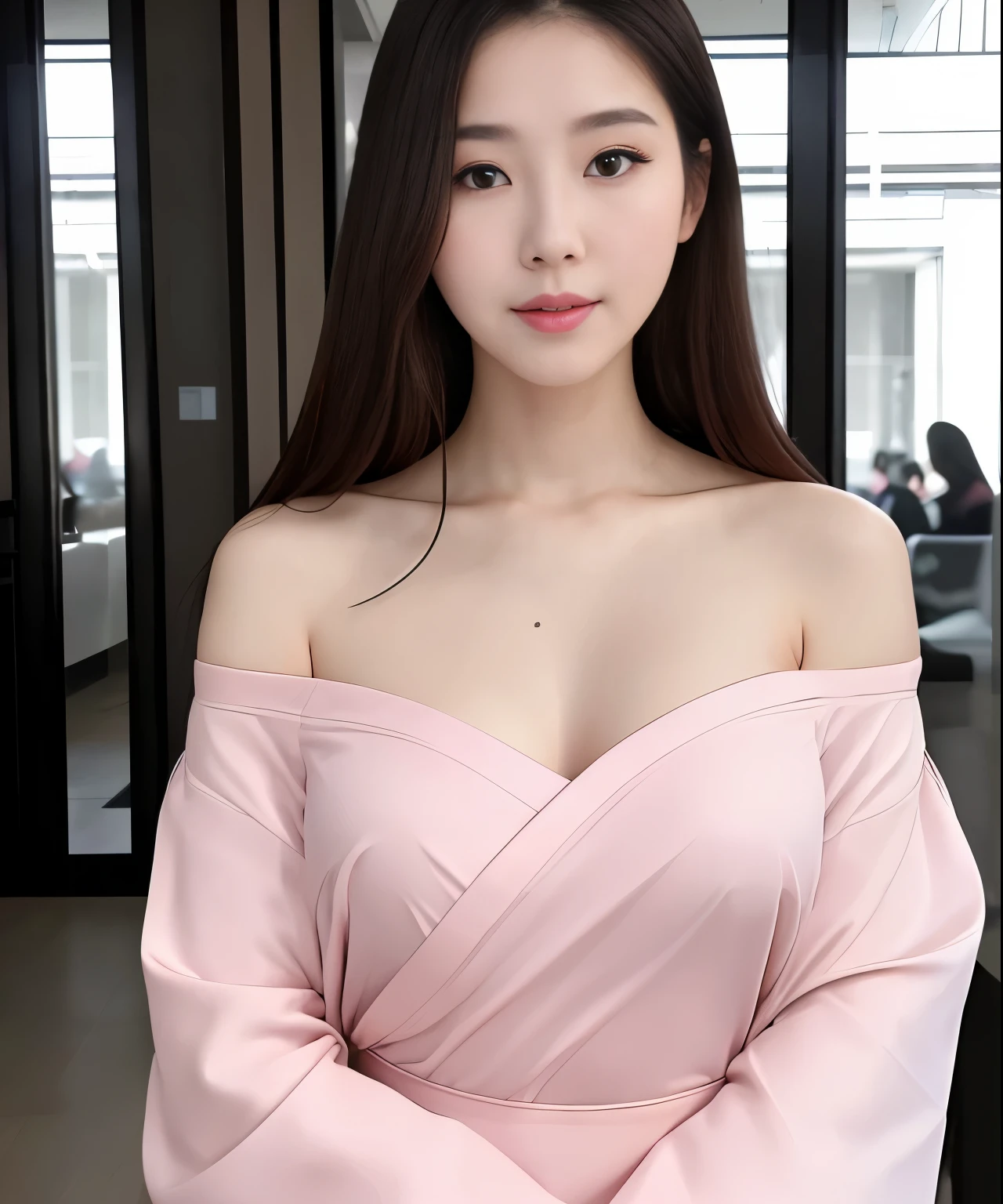Korean、27yr old、female、eyes large、a brunette、lips pink、Big、tall、Shoulder out、Model body type、Beautuful Women、off-shoulder kimono Full bodyesbian