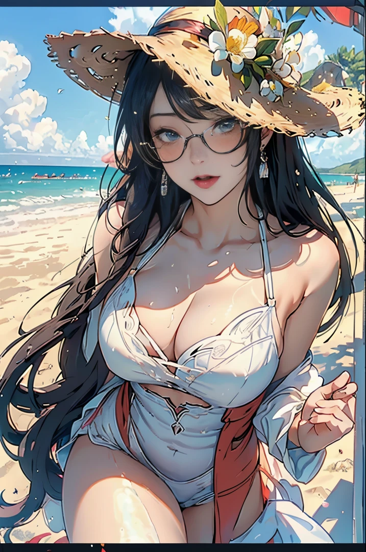 (((tmasterpiece)))，(((Very detailed CG unified 8k wallpaper)))，(((Best quality)))，1female，摩洛解放阵线，，((Sit up with your right leg bent))，((坐在sandbeach椅上))，（dressed in：Green stripes((比基尼))，((sun glasses))，((Straw Hat Hat))，），A lot of sweat，very huge big brwhiteskin，Beautiful detailed pupils，Redlip，Long black hair，bobo head，looking at viewert，（Background with：sandbeach，spray，Mare） sky with many clouds，(((电影灯光)))，(((detailed back ground)))，violent，exposed device，Bulge ，Raised sexy，Camel toes，ml shoFull body photo，((K-pop idol)),((Enchanting figure)),((delicate skin)),((beauitful face)),((flowers blooming))，((ear nipple ring))，((graceful stan(Correct anatomy))，((correct posing))，(perfect hand, perfect hand指)，