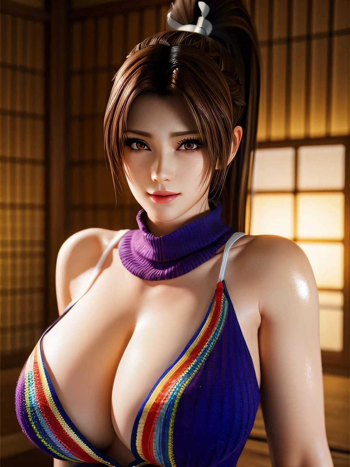1个Giant Breast Girl,Autumn Cool Dance, mai shiranui, Parted bangs, a matural female, high ponytails,Glossy glossy skin,Vibrant rainbow color scheme art; Su embroidery craft; knitted sweater ripped dress,jewely,(fashionably_Tattooed with:1),(gigantic cleavage breasts),(tmasterpiece), Best quality at best,(of a real:1.4), Detailed pubic hair,8K，number art,Detailed pubic hair头发,Detailed pubic hair脸, of a real fingers,depth of fields,
