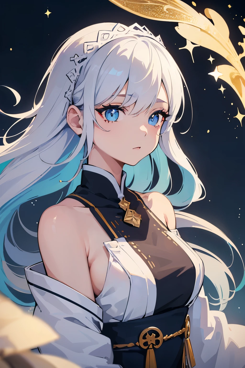 (Masterpiece), (Best Quality), (Super Detailed), (Dirty Hair), (Illustration), (1 Girl) (Long white Hair 1.5) (Blue Eyes), ((((No Shoulders))),Hanfu, (Looking at the Audience, (Interview), ( Background), Beautiful and Delicate Eyes, Delicate Beautiful Face, Soaring (High Saturation), (Colorful Glitter), Multi-colored Bubbles, (Glitter), Accent on Face, PerfectNwsjMajic, conservative clothes, Shoulderless, winter clothes, facing the masses, perfect figure,