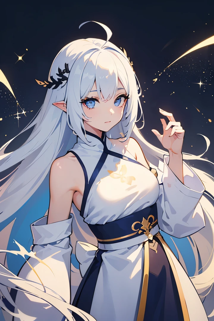 (Masterpiece), (Best Quality), (Super Detailed), (Dirty Hair), (Illustration), (1 Girl) (Long white Hair 1.5) (Blue Eyes), ((((No Shoulders))),Hanfu, (Looking at the Audience, (Interview), ( Background), Beautiful and Delicate Eyes, Delicate Beautiful Face, Soaring (High Saturation), (Colorful Glitter), Multi-colored Bubbles, (Glitter), Accent on Face, PerfectNwsjMajic, conservative clothes, Shoulderless, winter clothes, facing the masses, perfect figure,