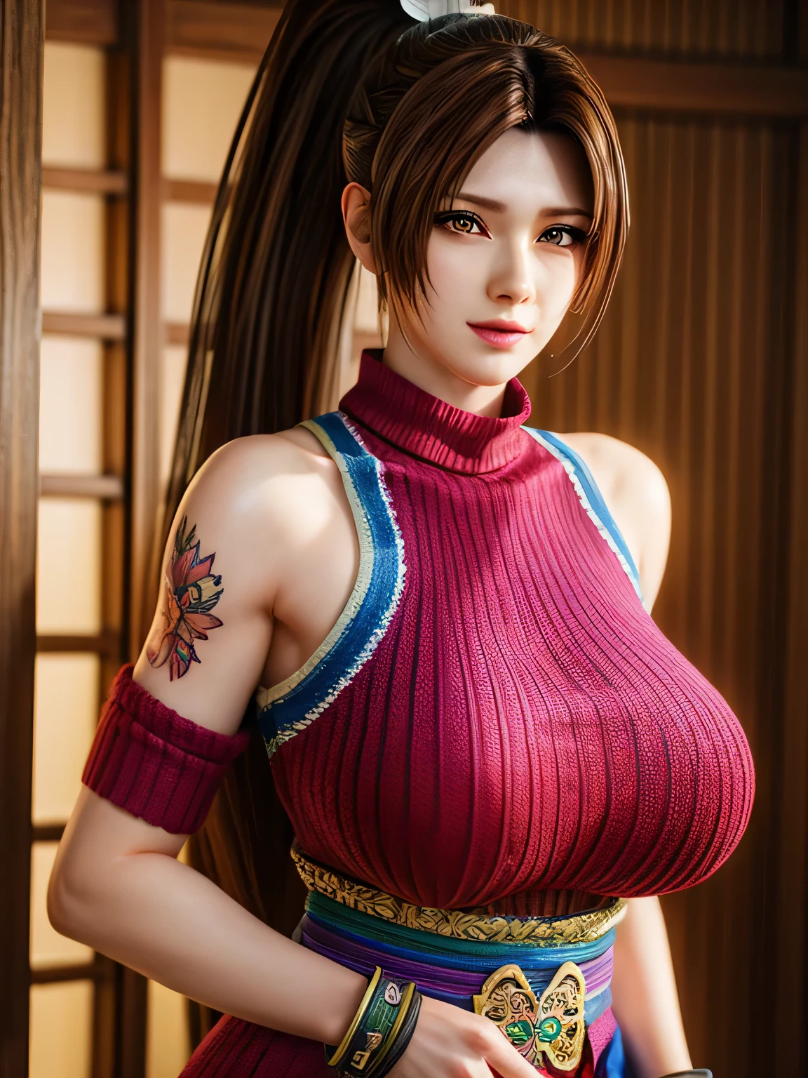 1个Giant Breast Girl,Autumn Cool Dance, mai shiranui, Parted bangs, a matural female, high ponytails,Glossy glossy skin,Vibrant rainbow color scheme art; Su embroidery craft; knitted sweater ripped dress,jewely,(fashionably_Tattooed with:1),(gigantic cleavage breasts),(tmasterpiece), Best quality at best,(of a real:1.4), Detailed pubic hair,8K，number art,Detailed pubic hair头发,Detailed pubic hair脸, of a real fingers,depth of fields,