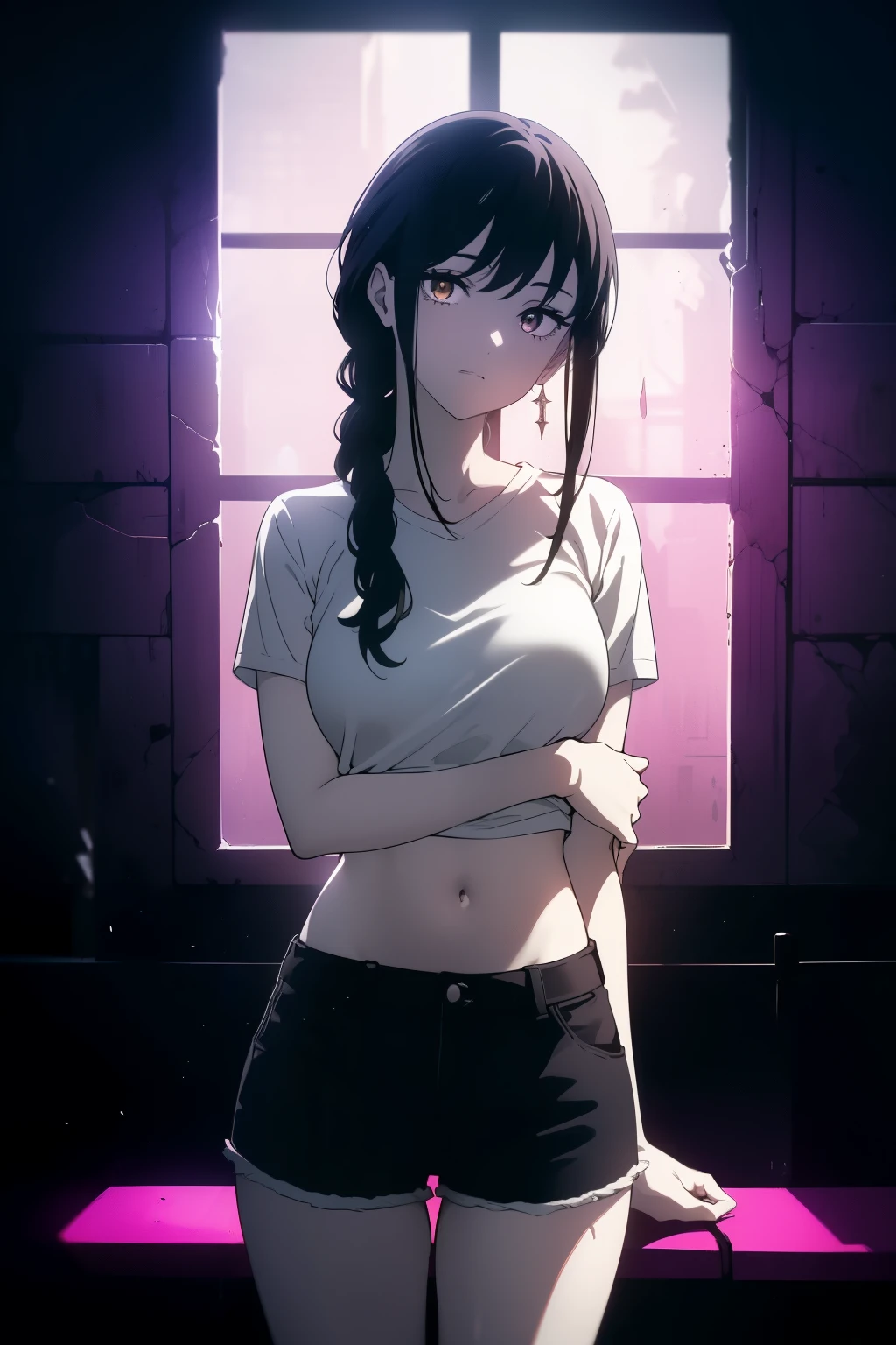 ((((Obra maestra, La mejor calidad, ultrahigh resolution)))), 1girl, happy expression on face:1.5, ((standing in a club waiting for someone)), (white t-shirt, jean shorts), (long black hair, long dark black hair), pale skin, ((brown eyes)), (glowing_eyes), (ultra detailed eyes:0.7, beautiful and detailed face, detailed eyes:0.9), ((centered)), ((over joyed expression)), ((wide shot)), facing viewer, (((indoor part, purple and black lights, black dancing silhouettes:0.9, rave:1))), medium breasts, looking at viewer, ((perfect hands)), (((head:1, arms, hips in view, elbows, thighs, in view))), lively eyes, ((beautiful lighting)), outside, outdoors, background, defined subject, 25 years old, (head tilt), (((cool gaze))), (((lively))), ((twirling)), ((holding her arm shyly)), (hand on arm)