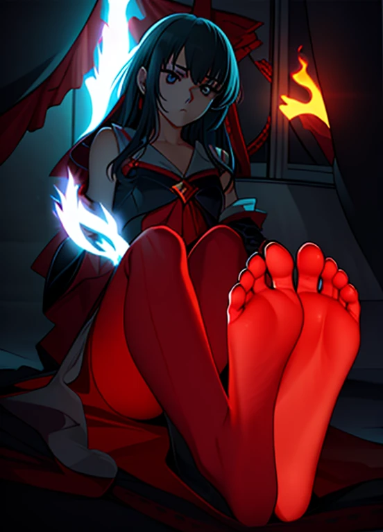 (best quality, masterpiece),  (1girl, solo,brown robe, expression face, looking away, sitting, wide sleeves, black eyes, closed mouth, ribbon shape fire on head, long hair, cowboy shot), (Monochrome, night sky at cave entrance , light rising from the bottom, inside Cave, floating glowing bunch of white particles, burning fire at hand, floating many small fires), nude, big breasts, super long soles, extremely long soles, extremely long feet, correct feet anatomy