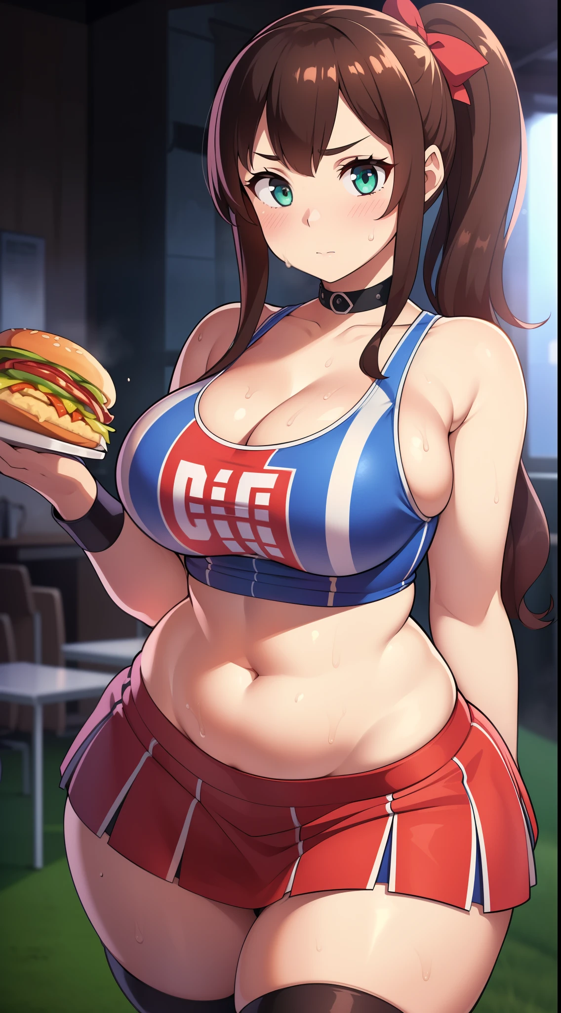 ((Masterpiece)), perfect anatomy, perfect shading, field of depth, (best quality), extremely delicate and beautiful, perfect lighting, detailed face, ultra cute face, cute, (cowboy shot 1.2) , looking at viewer, full body, (((1girl))), (((solo))), cheerleader

 long hair, fluffy hair, brown hair, pony tail, green eyes, (((blush))), nervous, (cheerleader uniform), (white tank top 1.2), (short section red skirt 1.2), thigh highs, chocker, extremely tight clothes, large breasts, cleavage, perky breasts, (wide hips), (thick thighs),

 fast food restaurant, intricate background, detailed background, sweaty,
