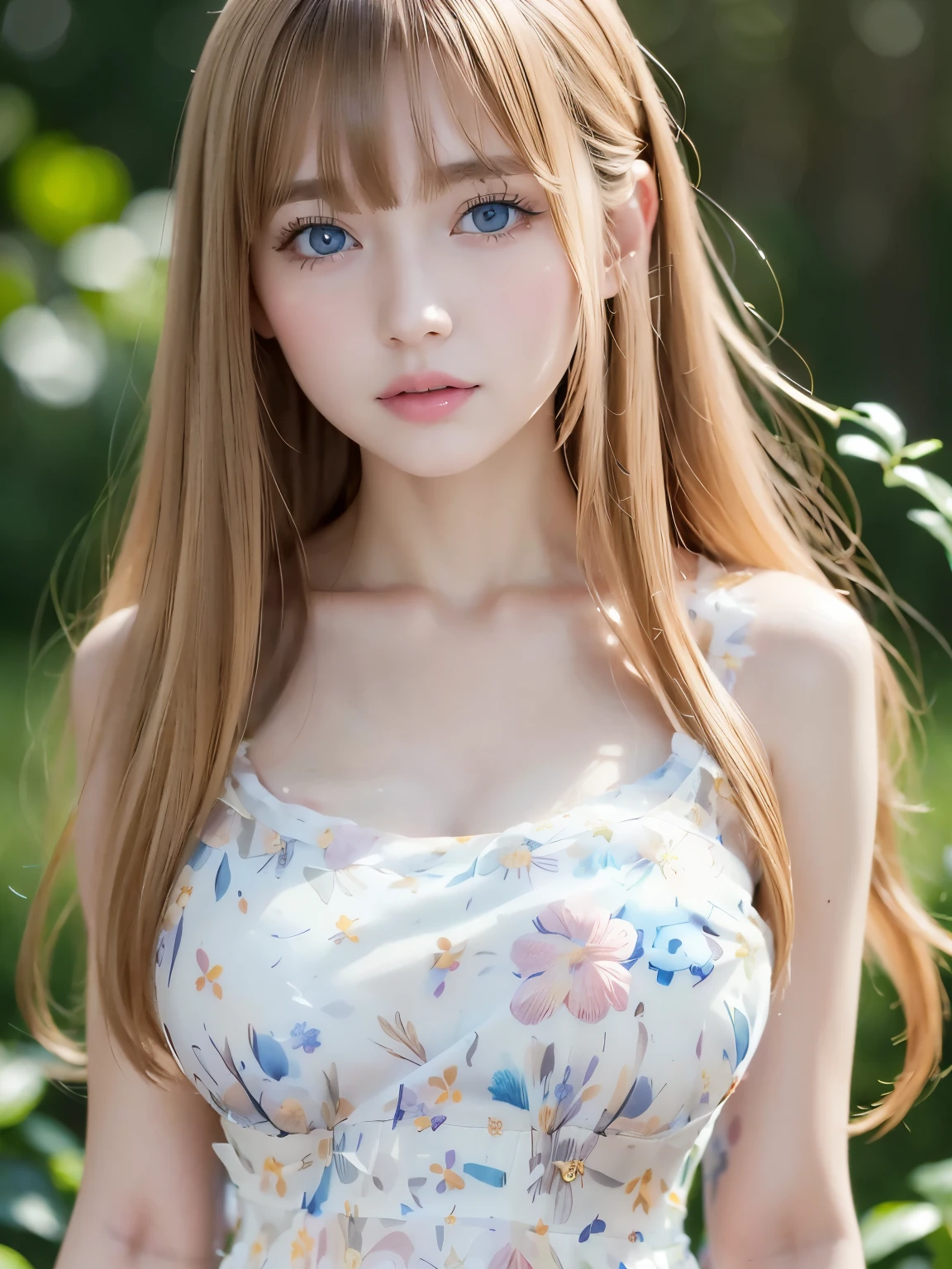 best qualtiy,4K,(masuter piece:1.3),Cheerful woman,hyper realisitc、(beautiful floral patterns)、(Floral dress:1.8), (Big and round:1.5),(super detailed skin:1.8)
